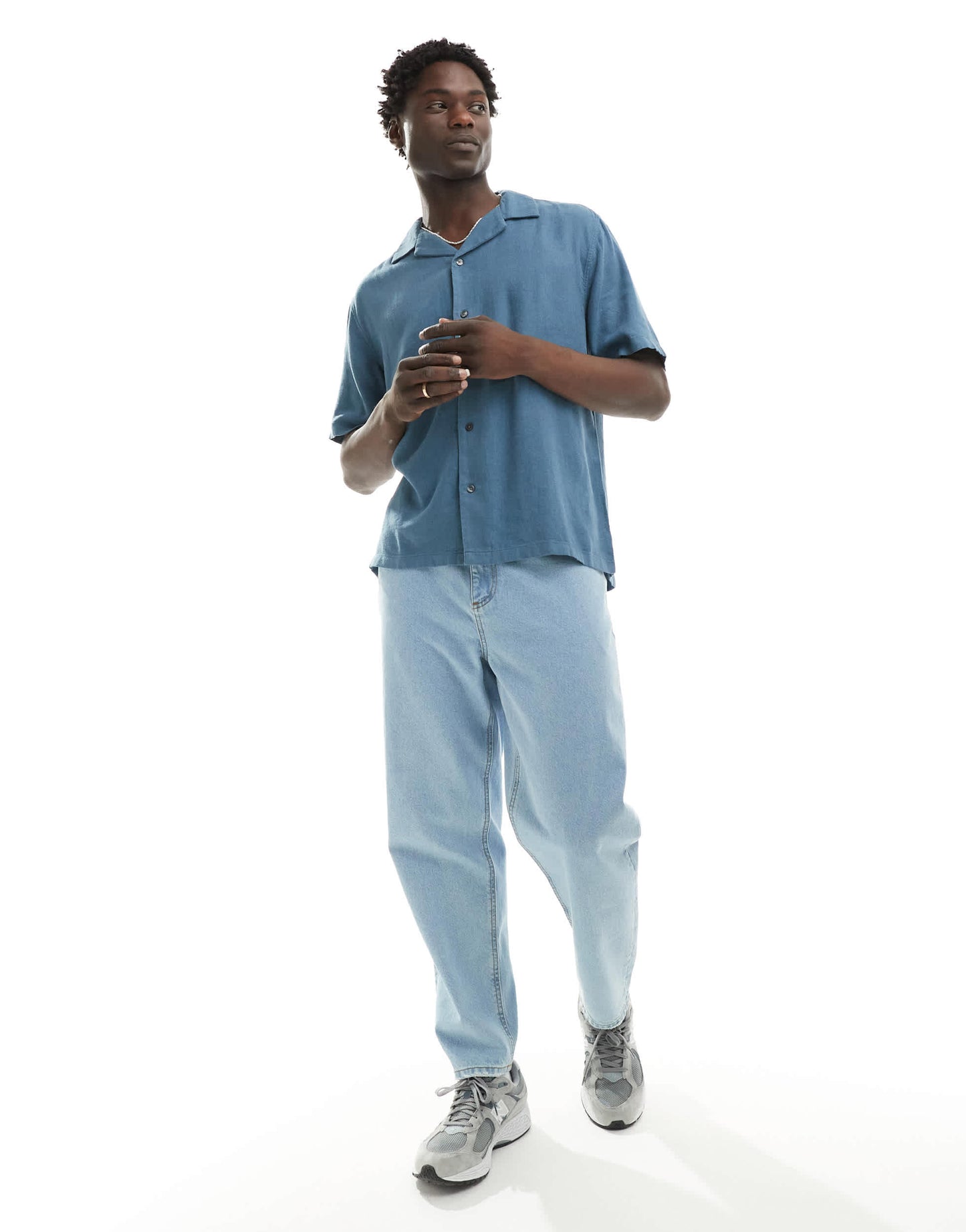 Abercrombie & Fitch short sleeve revere collar linen blend shirt relaxed fit in mid blue