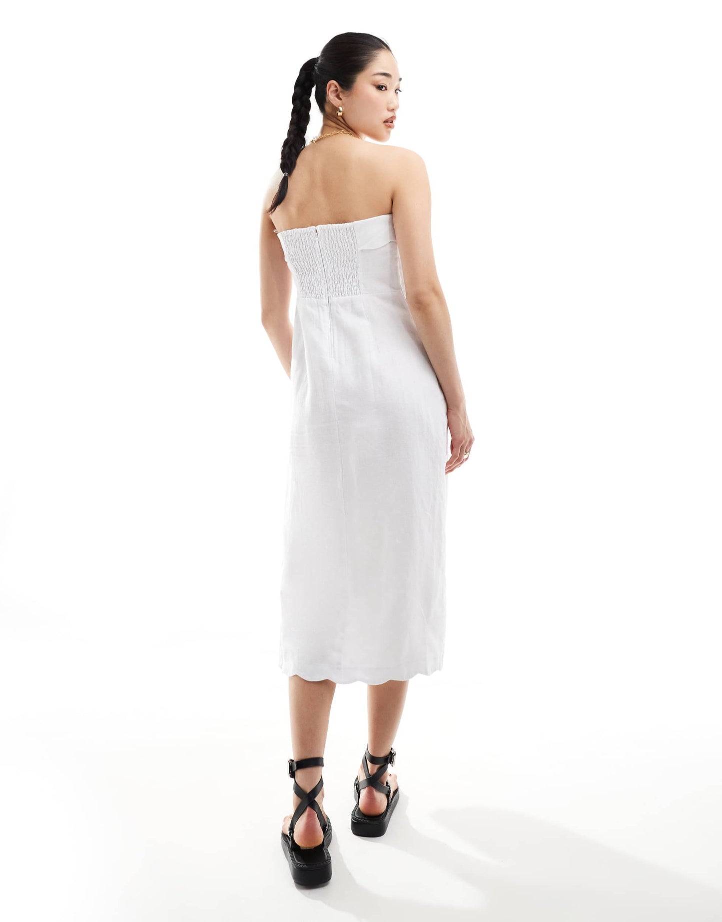 Abercrombie & Fitch linen blend midi strapless dress with scallop edge in white
