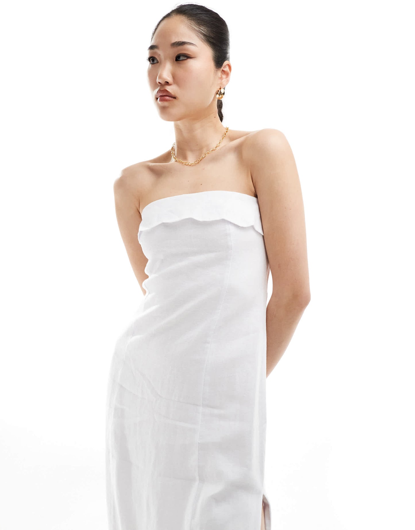 Abercrombie & Fitch linen blend midi strapless dress with scallop edge in white