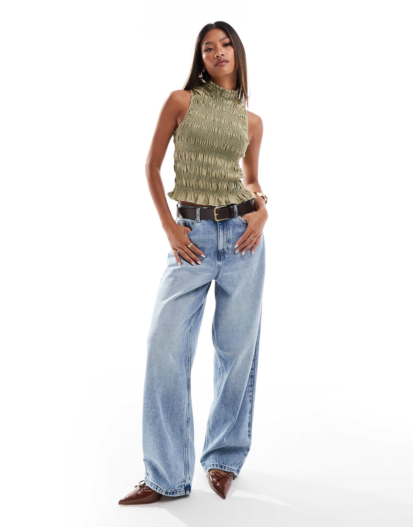 River Island shirred halter top in green