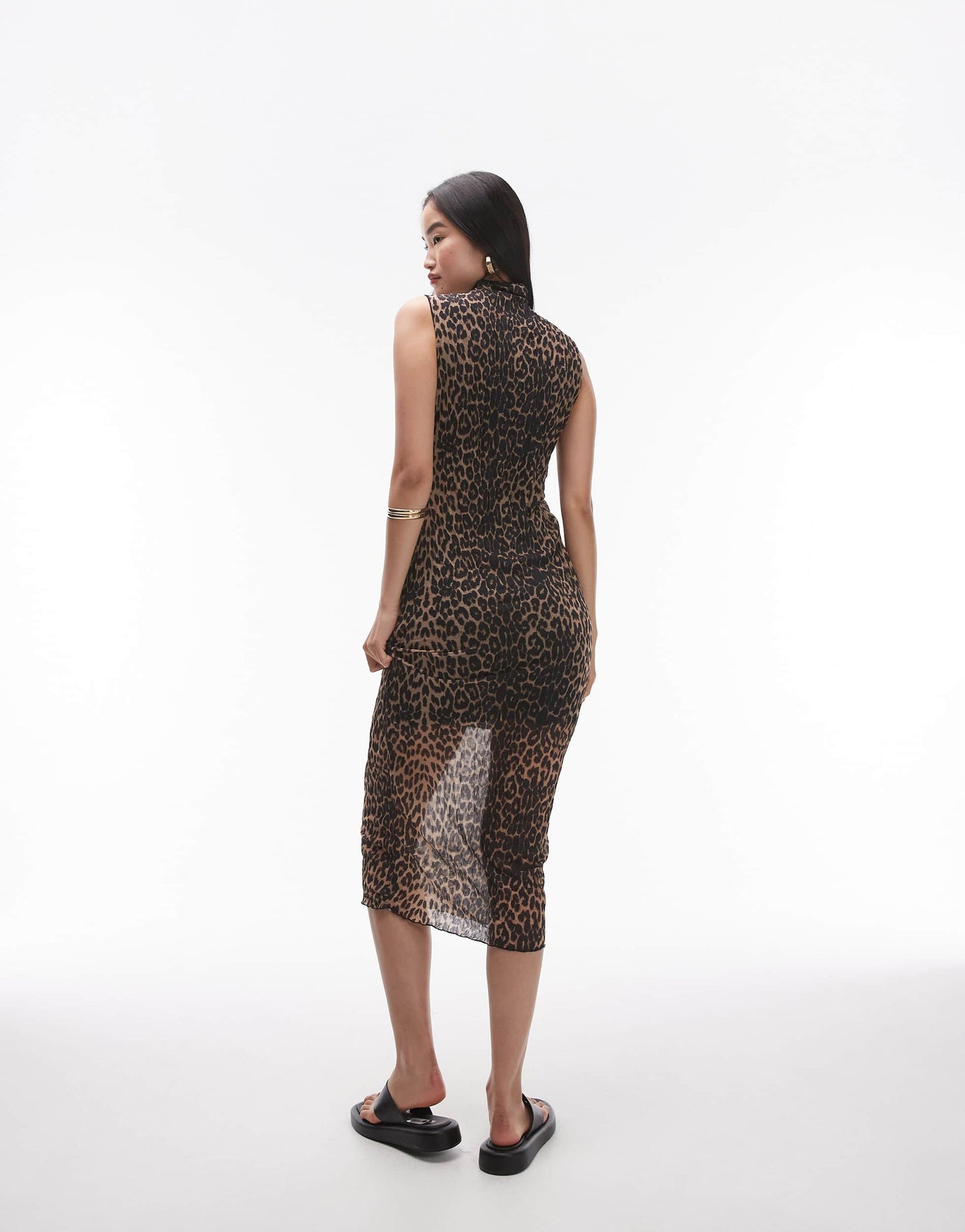 Topshop sleeveless crinkle plisse midi dress in leopard print