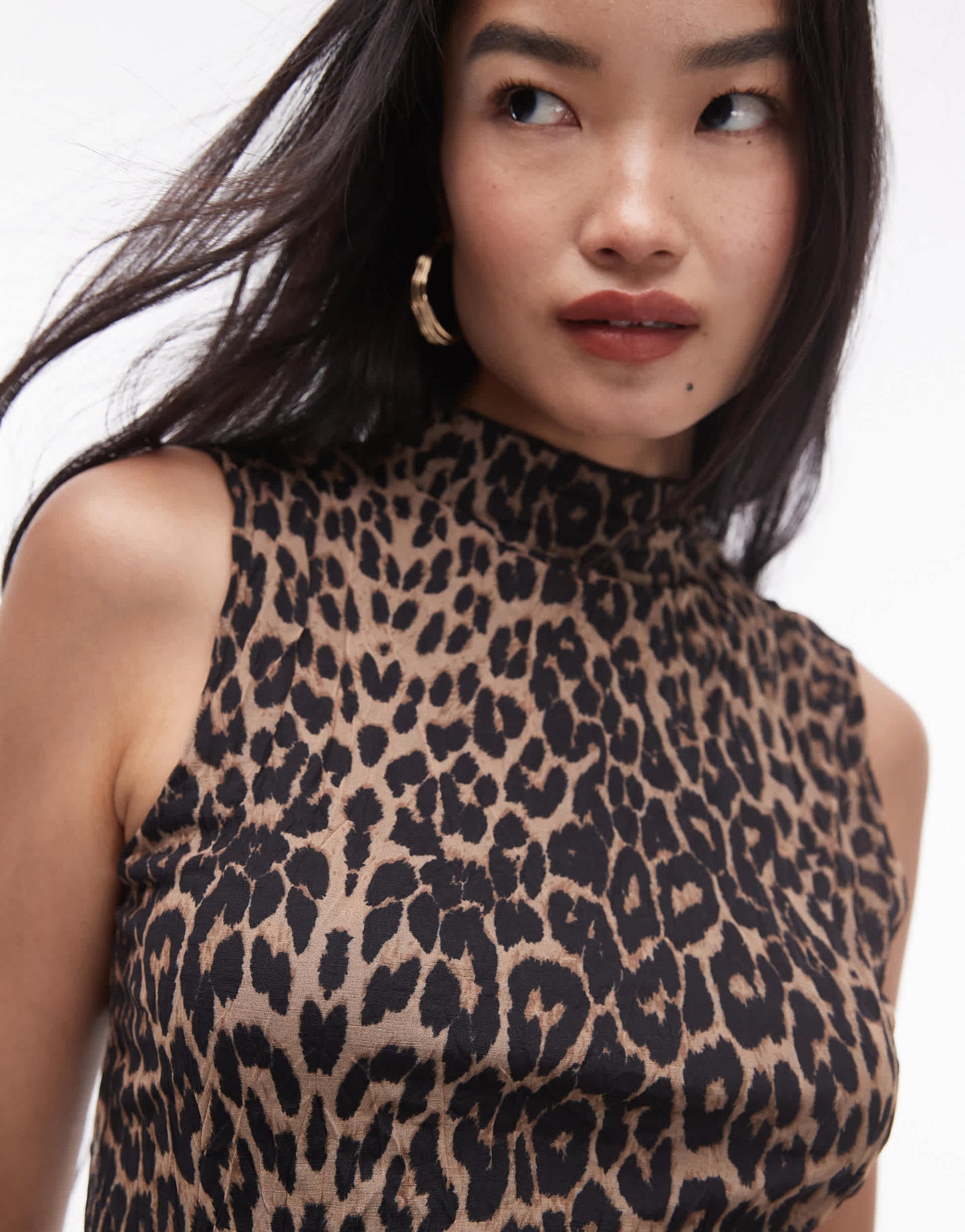 Topshop sleeveless crinkle plisse midi dress in leopard print