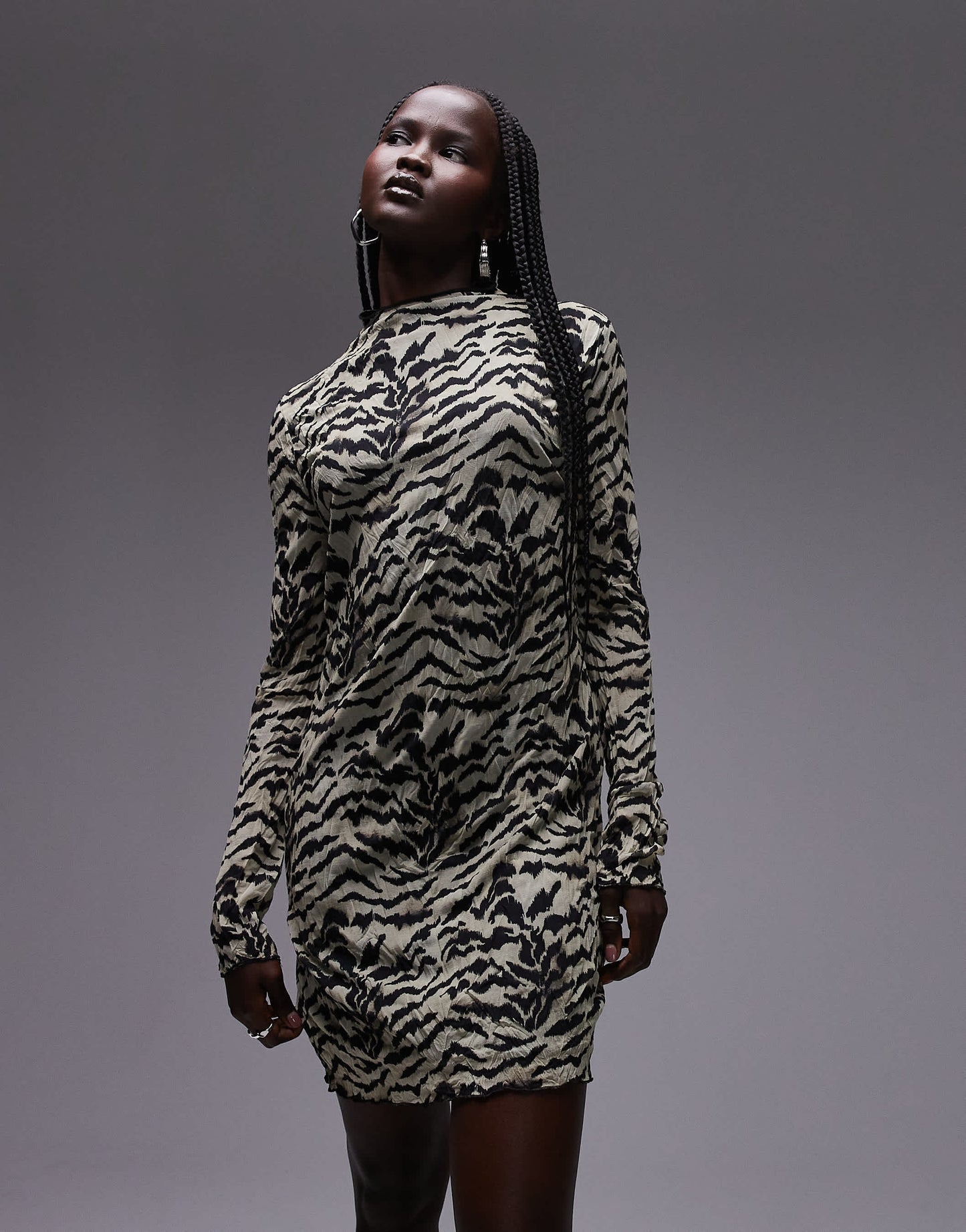 Topshop long sleeve crinkle print mini dress in animal