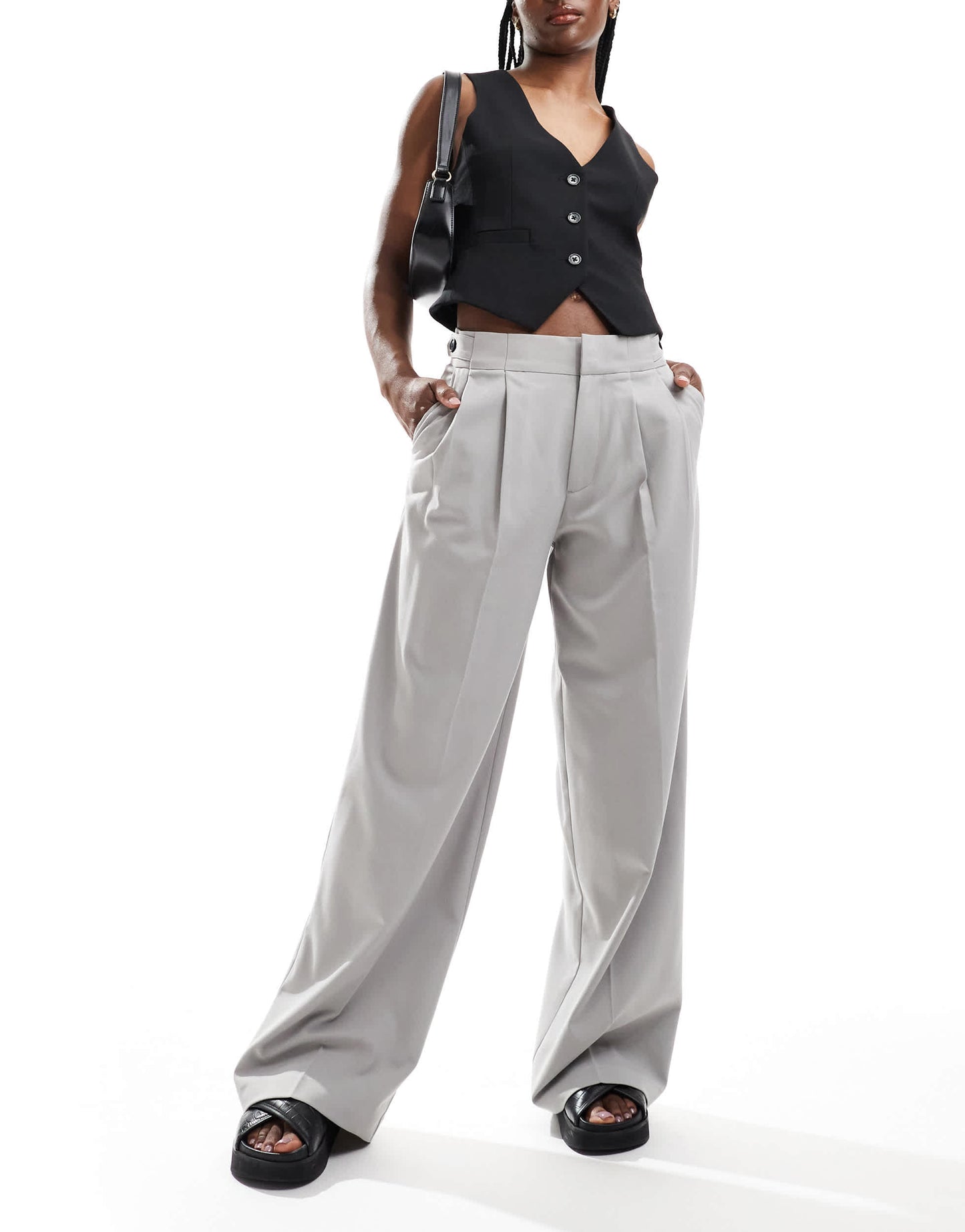 Pull&Bear wide leg double pleat tailored trouser in grey