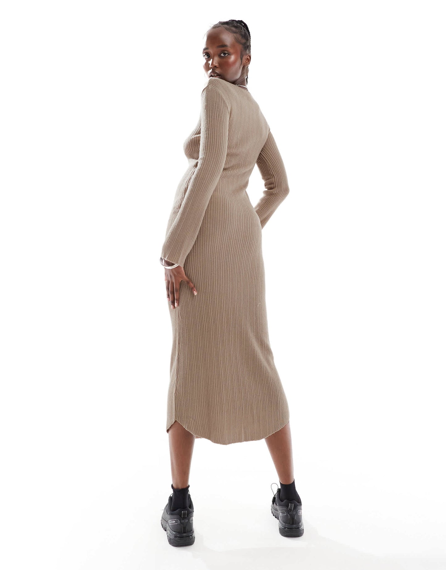 COLLUSION slash neck maxi dress in taupe