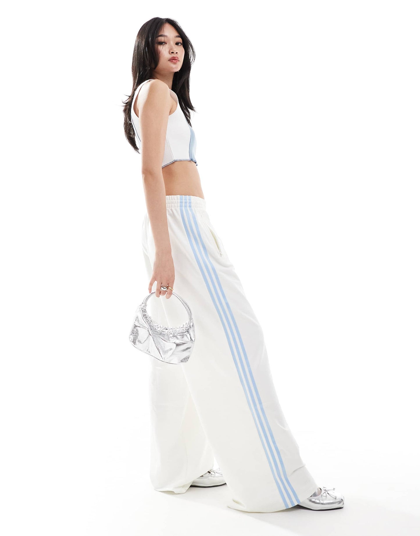 Denim Project seam detail crop tank top in blue and white