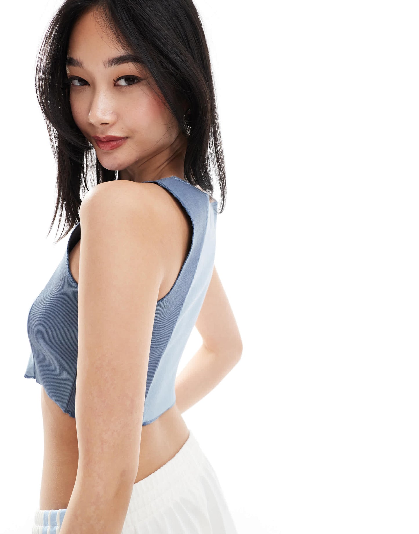 Denim Project seam detail crop tank top in blue and white