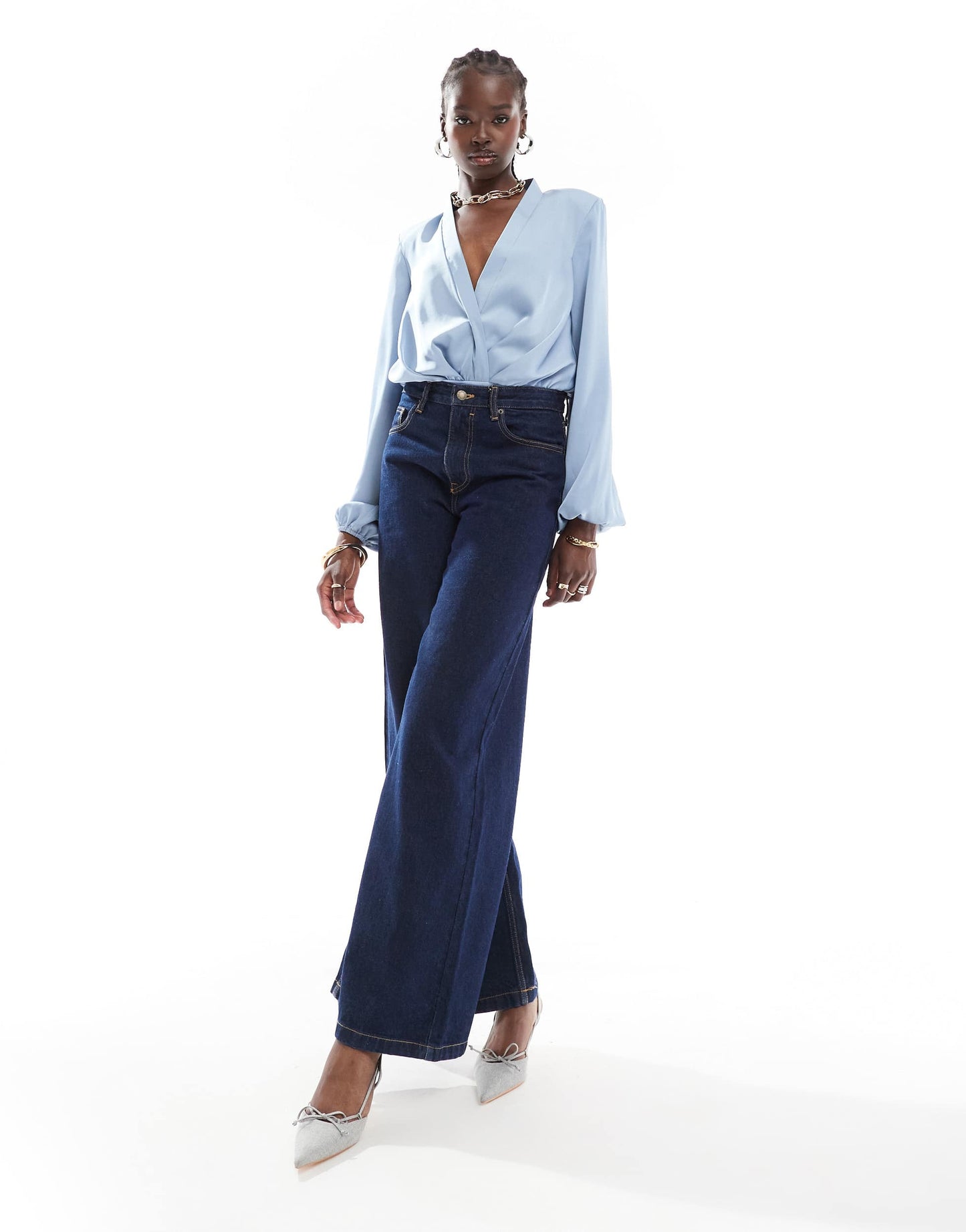 ASOS DESIGN shoulder pad plunge bodysuit in blue