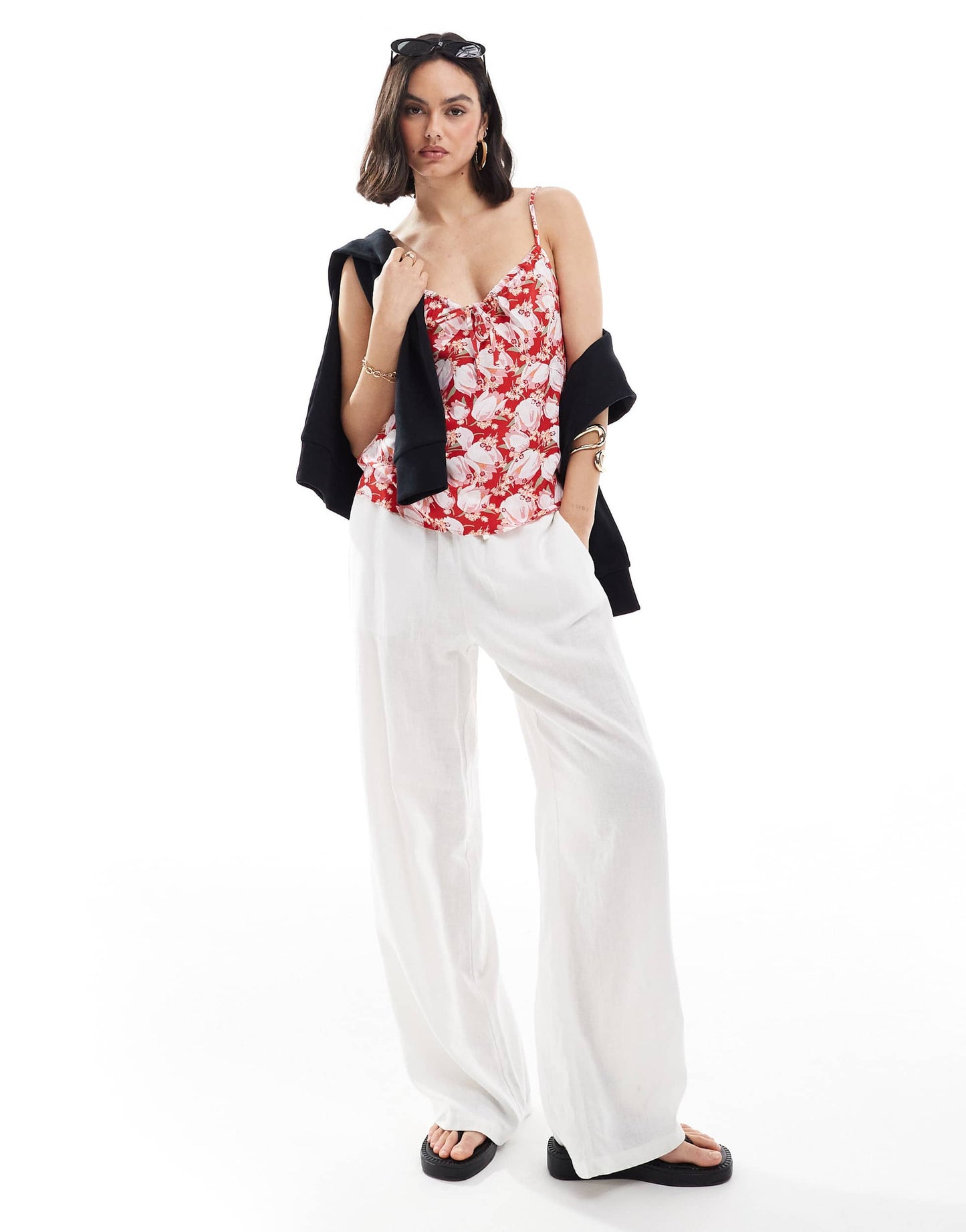 & Other Stories strappy cami top with front drawstring detail in red multi abstract floral