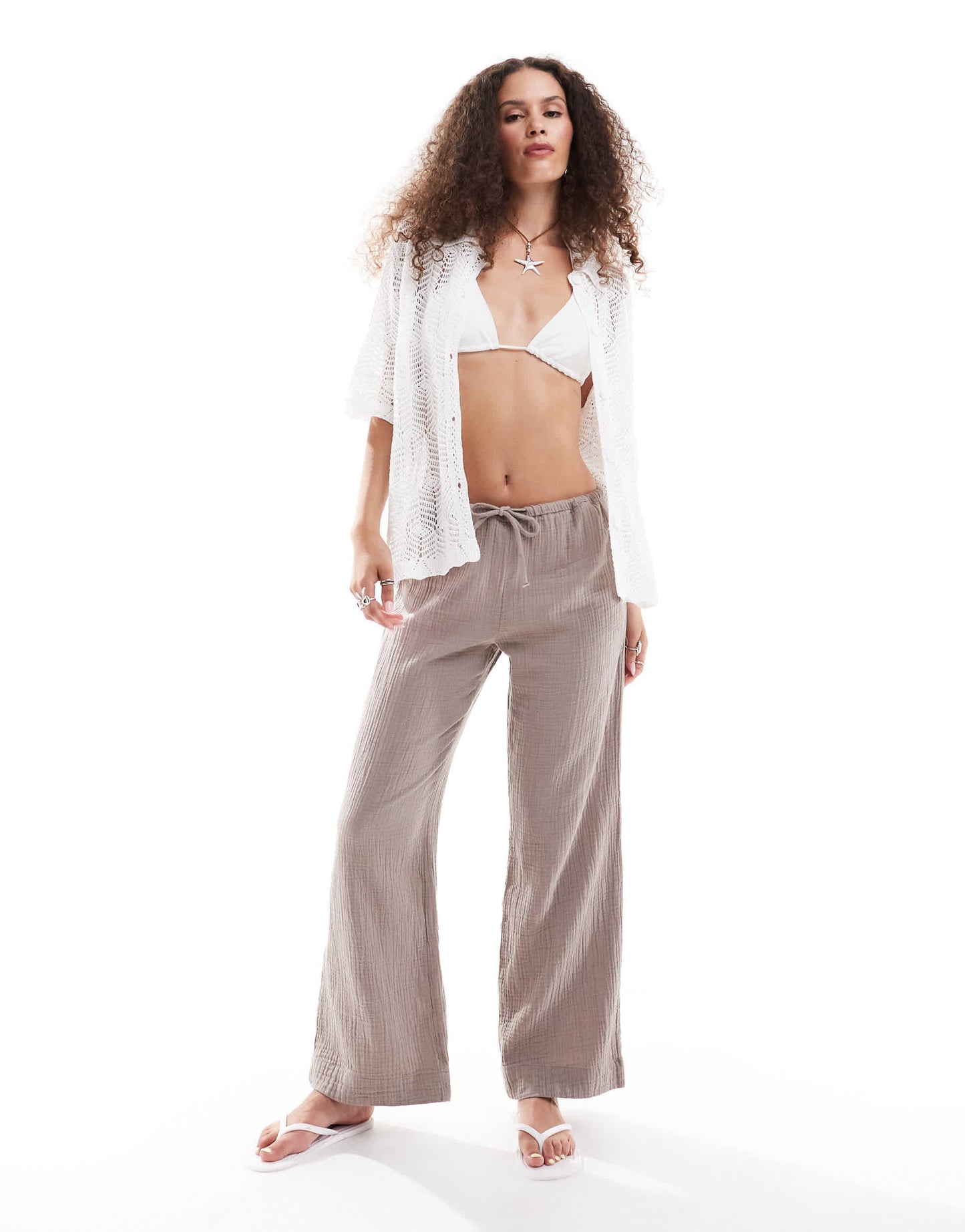 Monki wide leg pull on textured trousers in brown