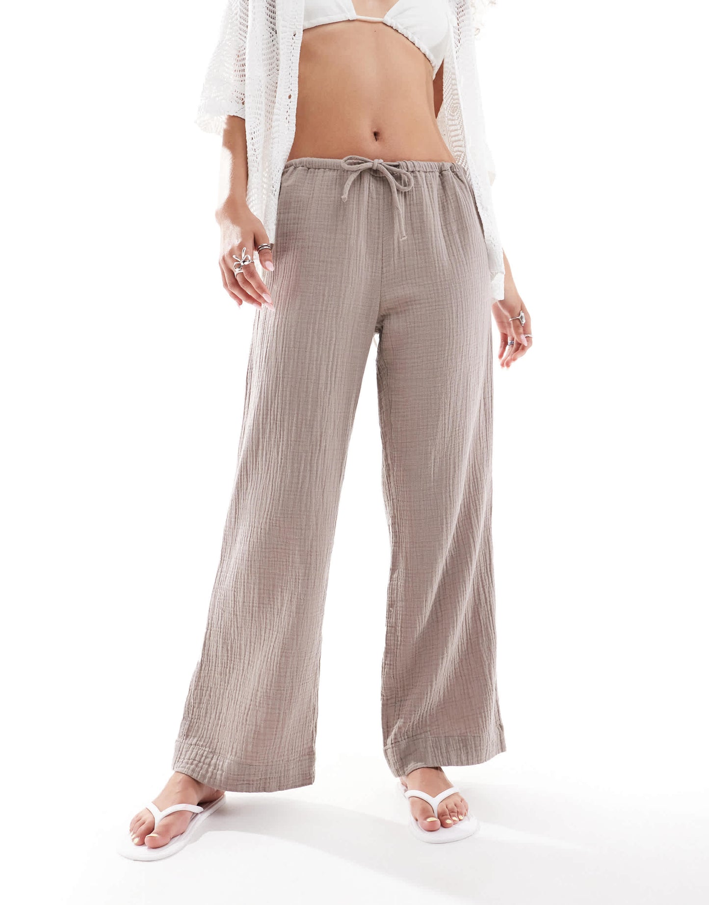 Monki wide leg pull on textured trousers in brown