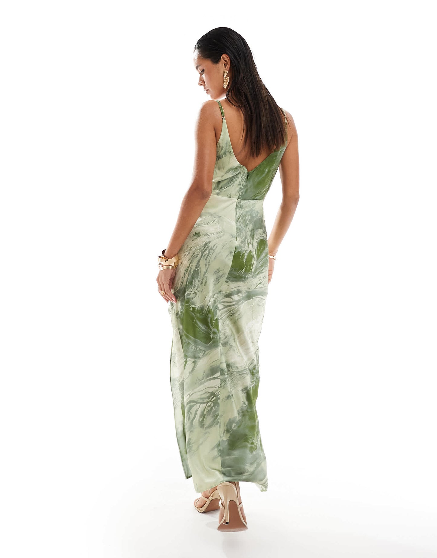 ASOS DESIGN satin cami strap pleated bust midi dress in green marble print