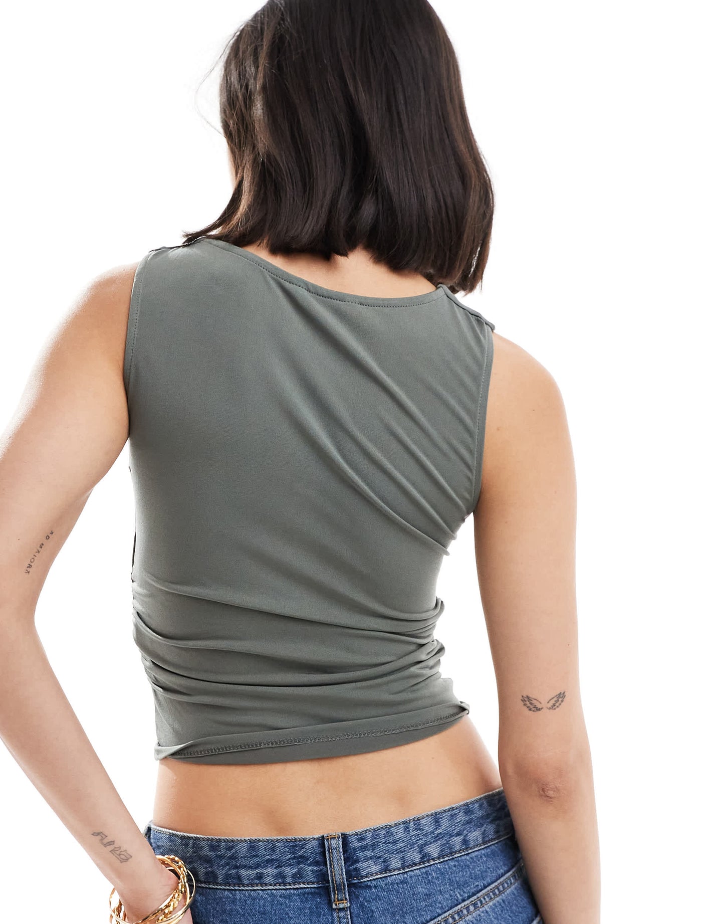 Stradivarius boat neck top with ruched detail in khaki