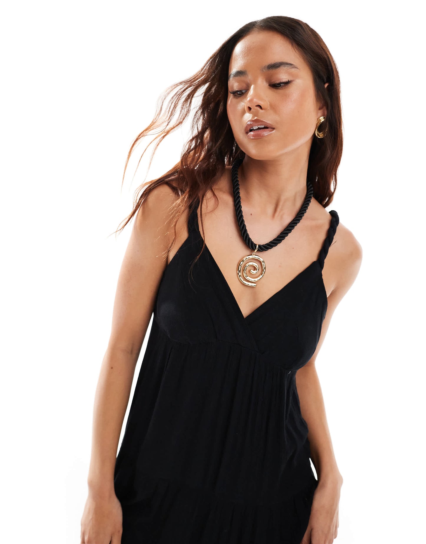 Stradivarius v neck midi dress in black