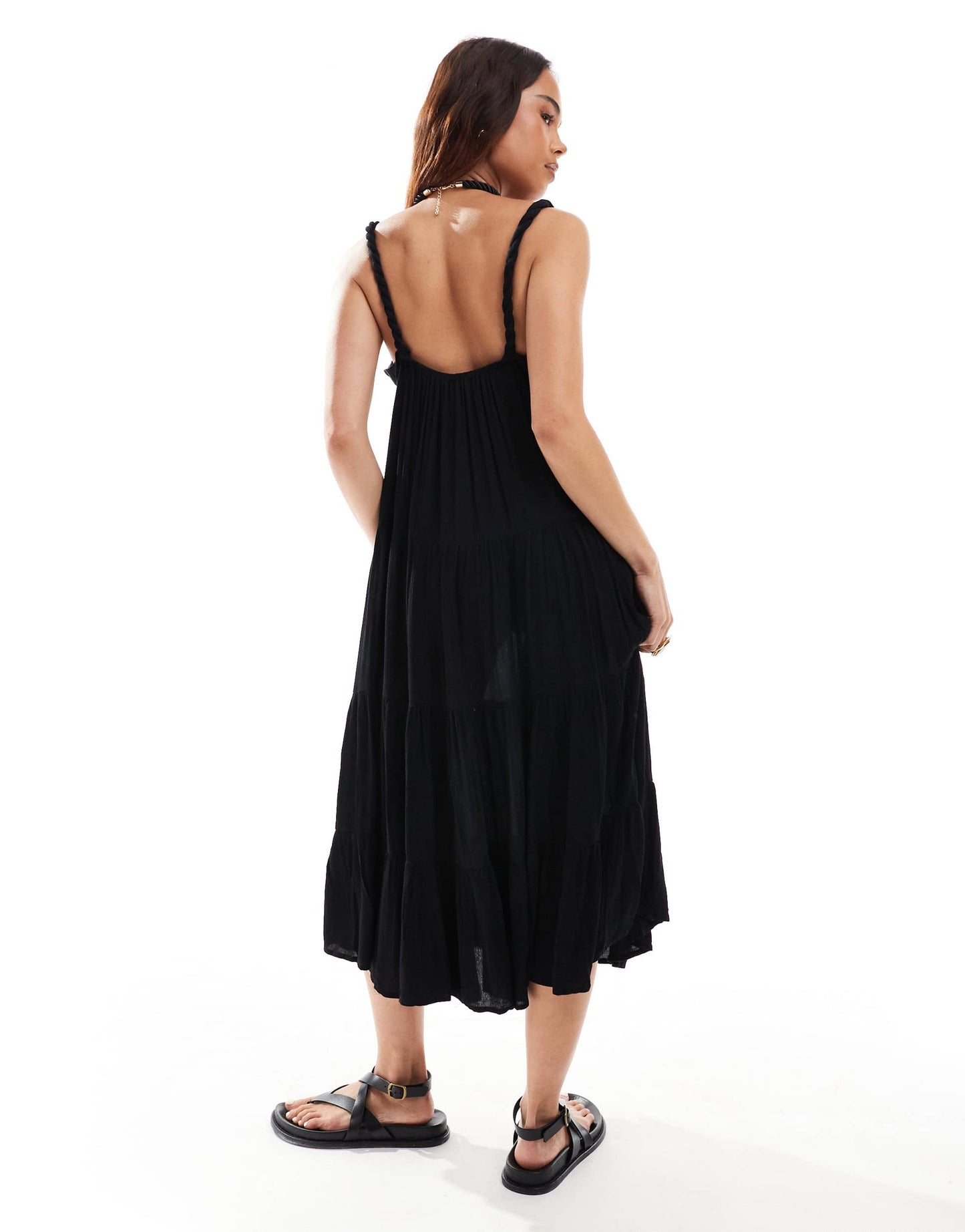 Stradivarius v neck midi dress in black