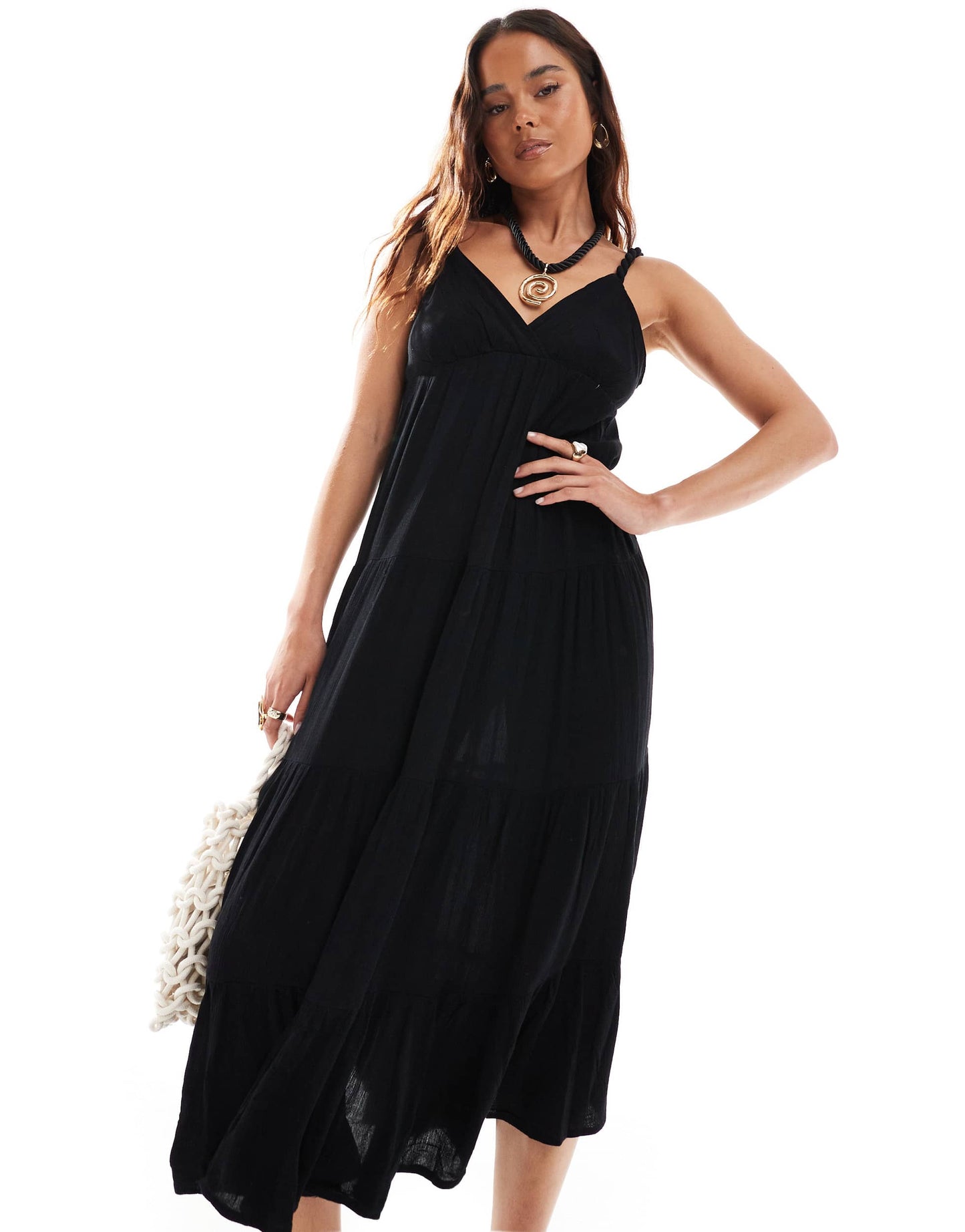 Stradivarius v neck midi dress in black