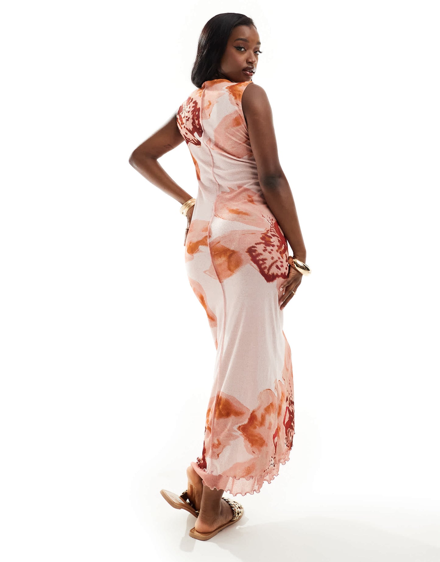 ASOS DESIGN built up mesh maxi dress with lettuce edging in oversized floral print