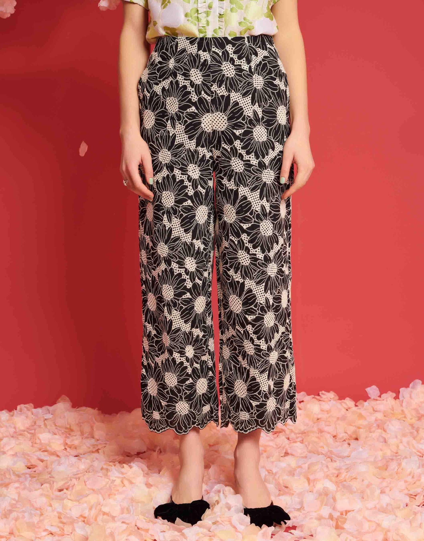 Dream Sister Jane flower embroidered trouser co-ord in black