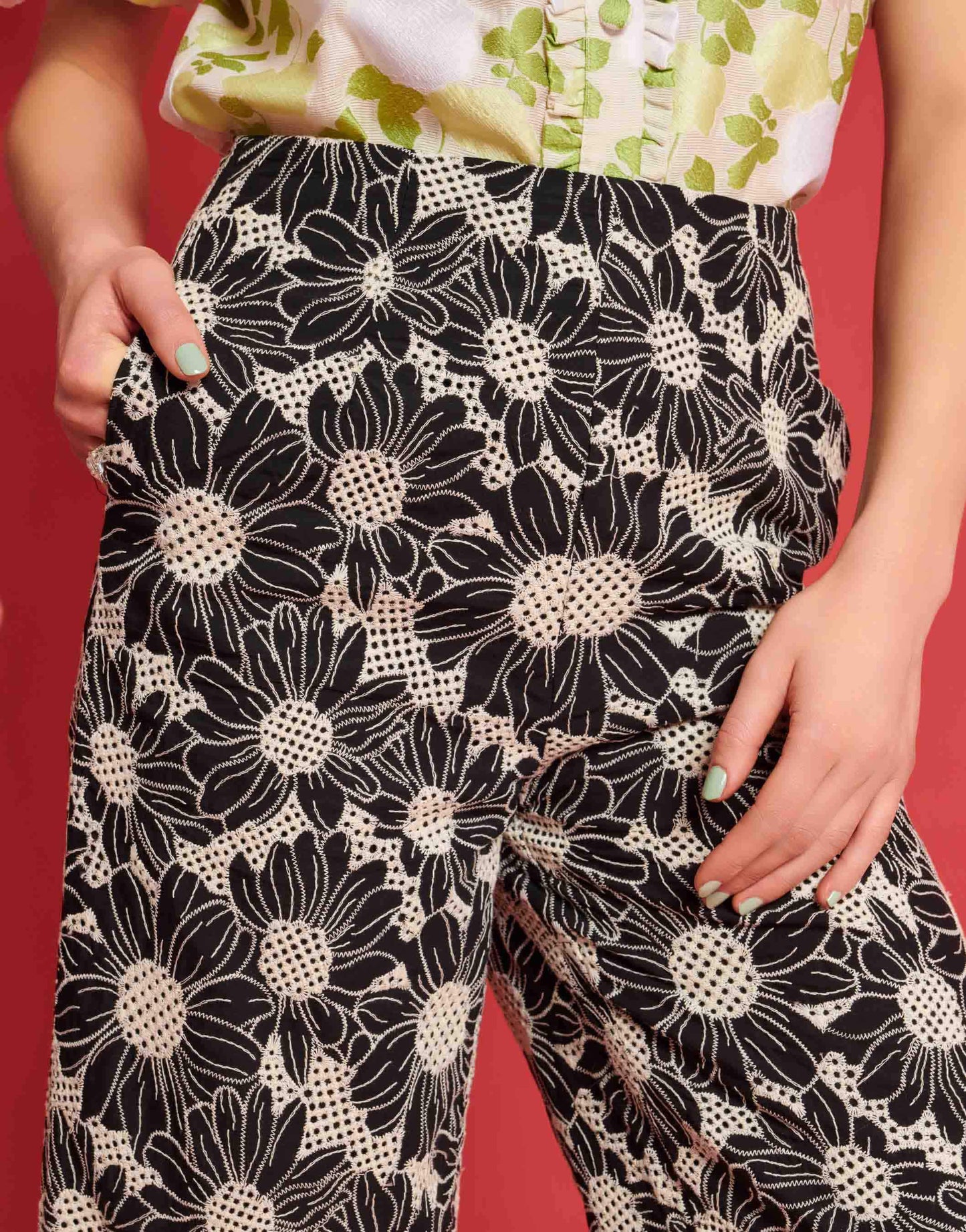 Dream Sister Jane flower embroidered trouser co-ord in black