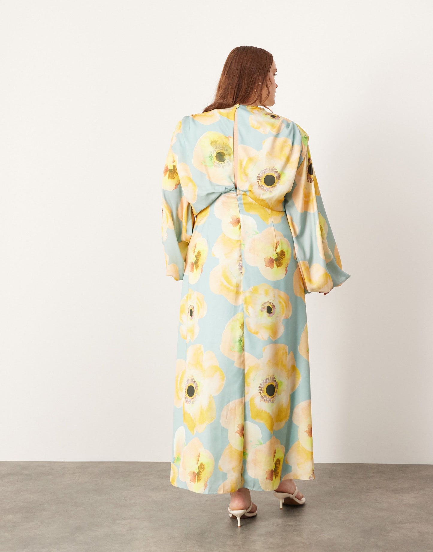 ASOS EDITION Curve satin volume blouson sleeve satin midi dress in large floral print