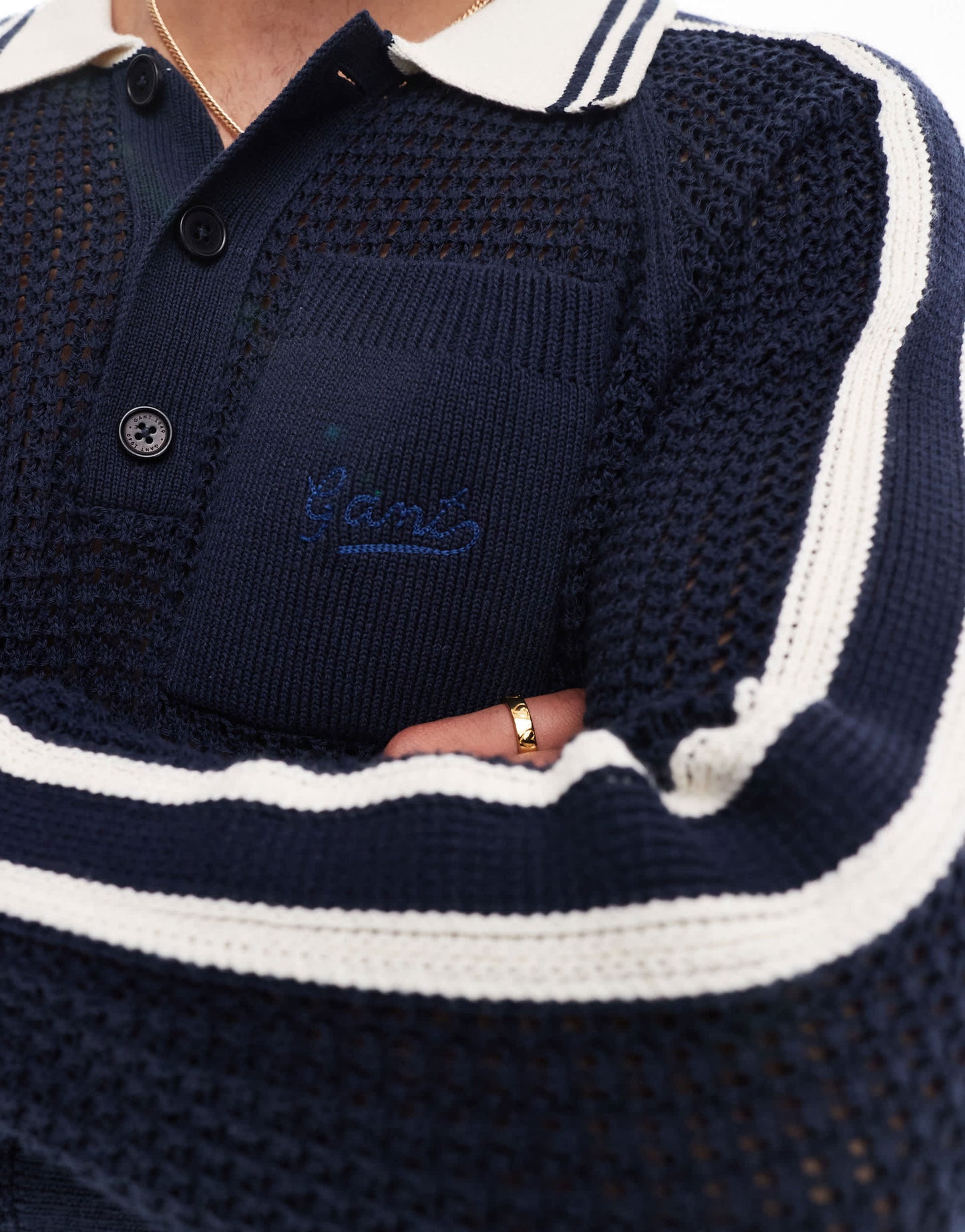 GANT varsity mesh knit rugby jumper in navy