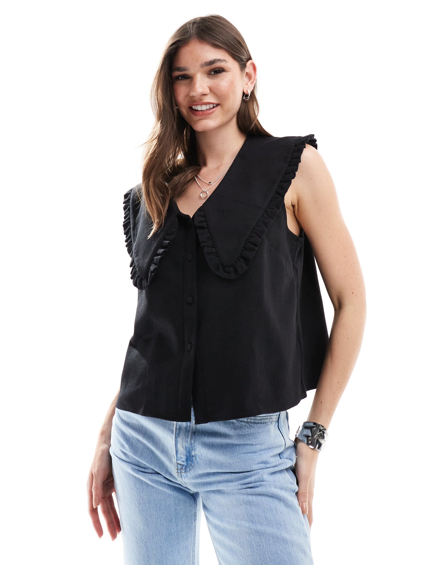 ASOS DESIGN linen oversized collar detail top in black