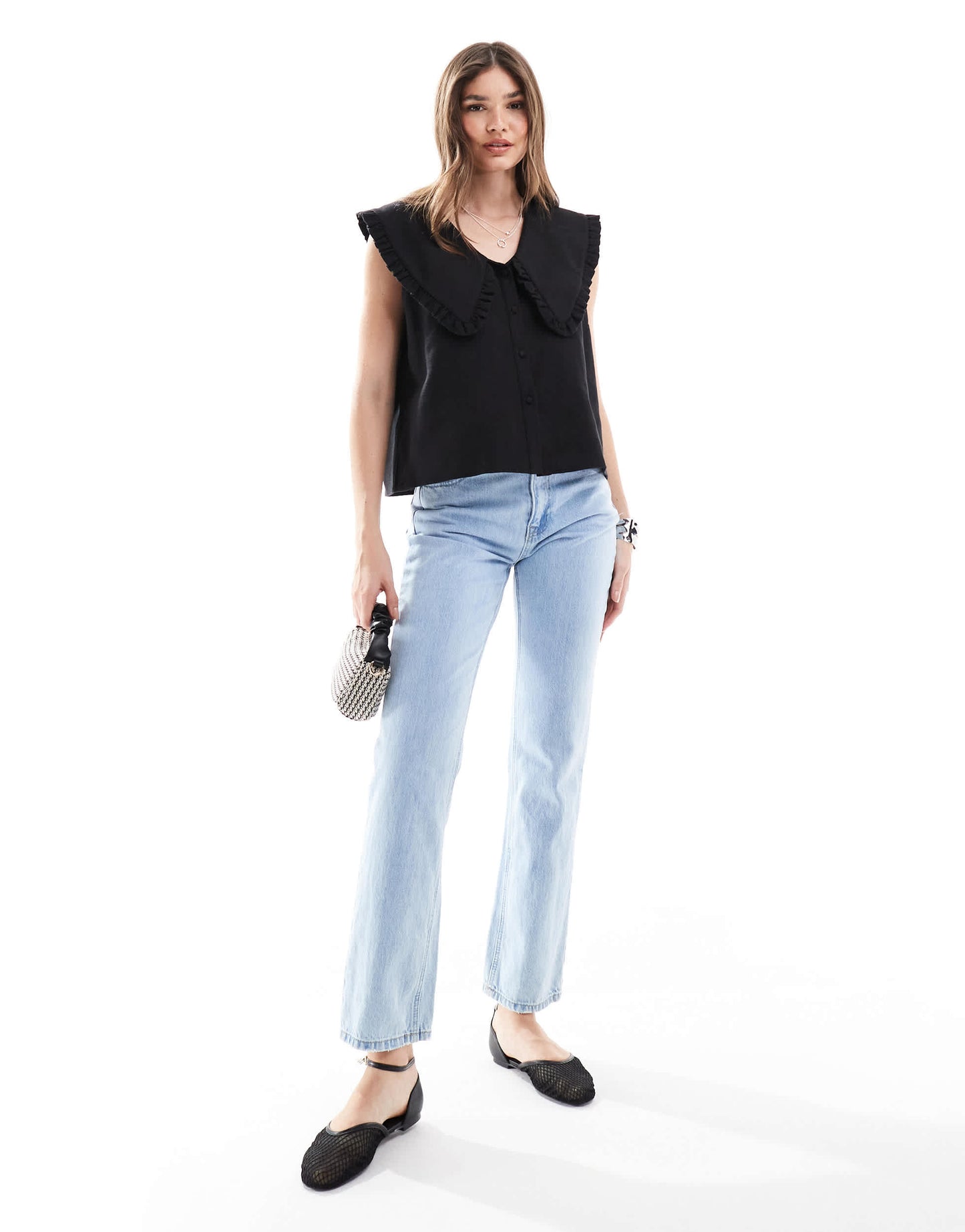 ASOS DESIGN linen oversized collar detail top in black