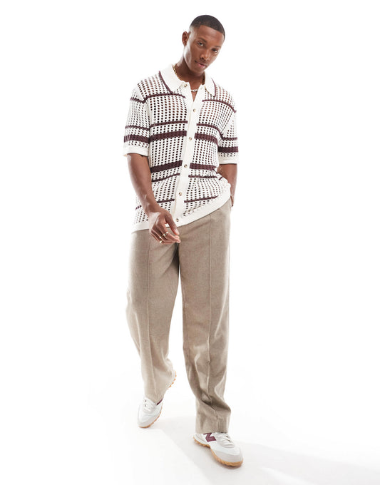 Cotton On pablo short sleeve knitted shirt in cream stripe