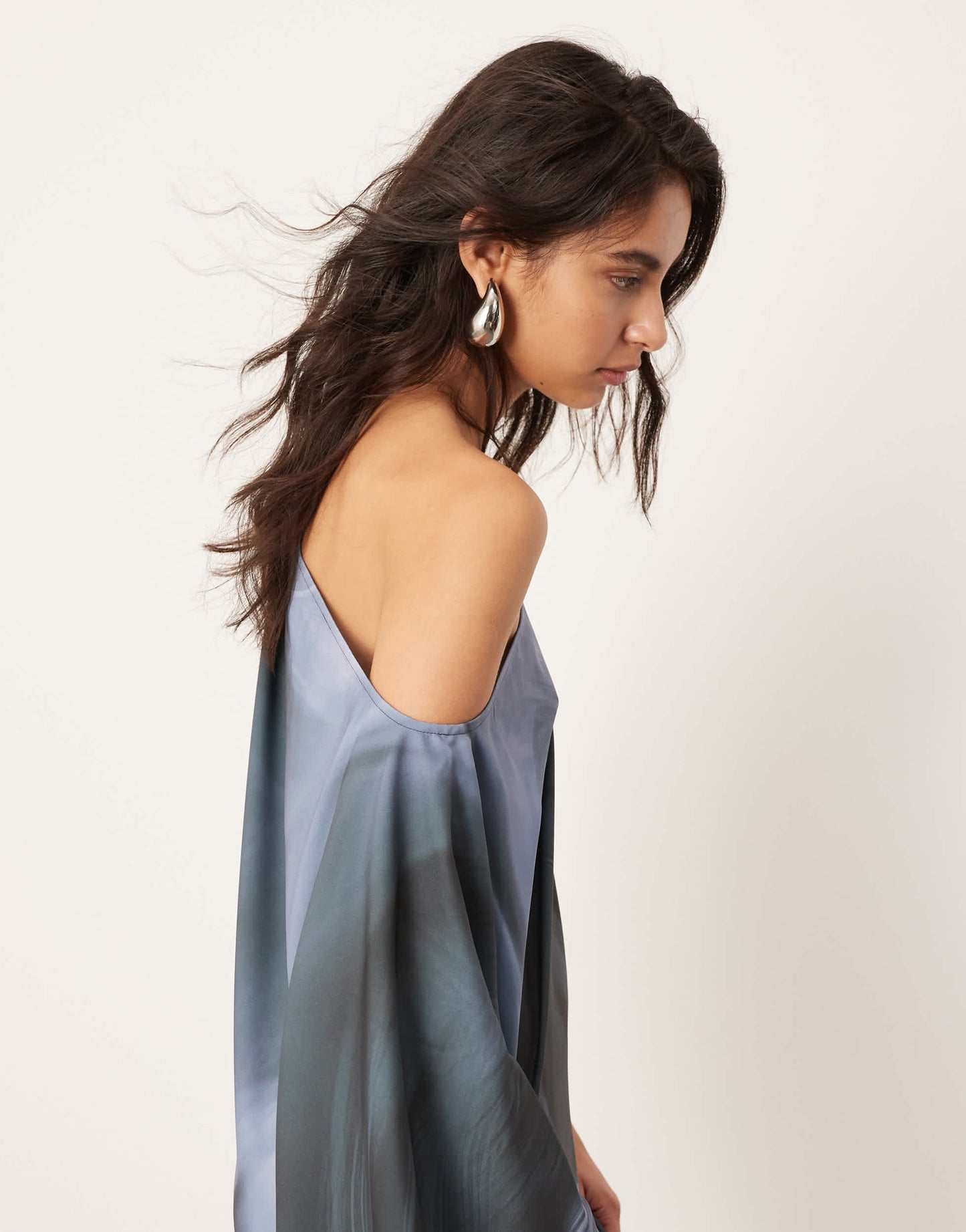 ASOS EDITION satin slouchy off shoulder maxi dress in grey abstract print