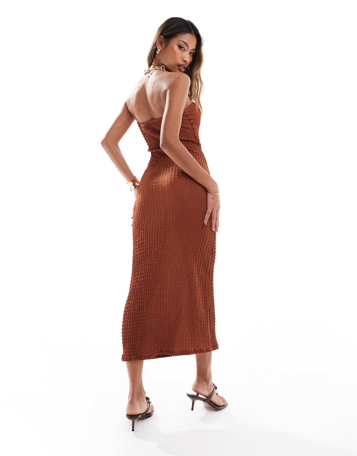 ASOS DESIGN textured keyhole bandeau column maxi dress in rust