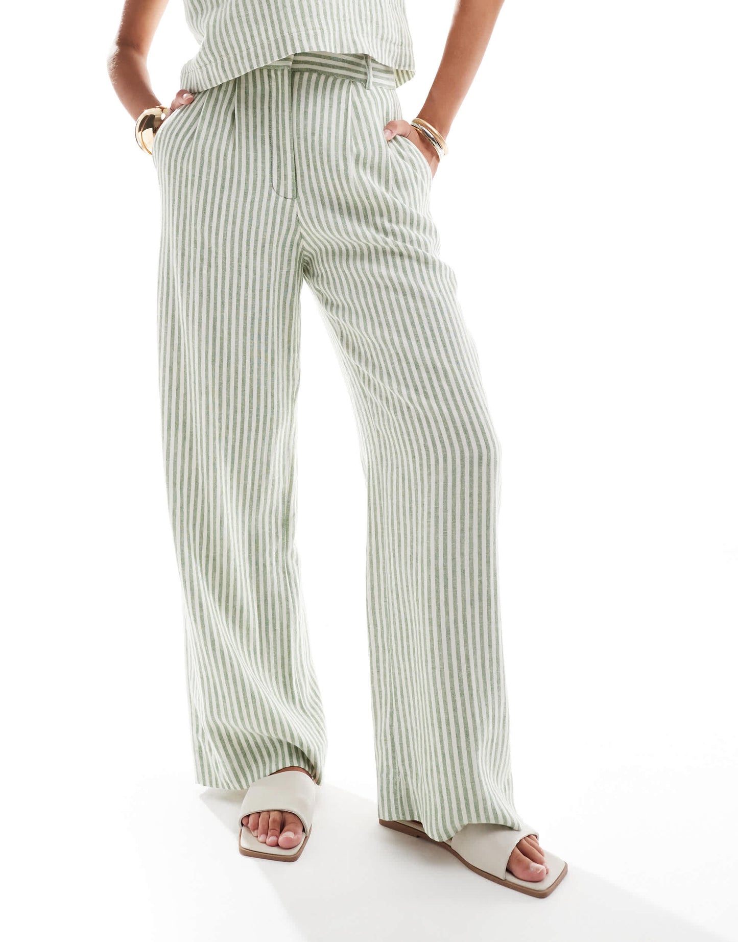 Abercrombie & Fitch Sloane co-ord linen blend wide leg trouser in green stripe