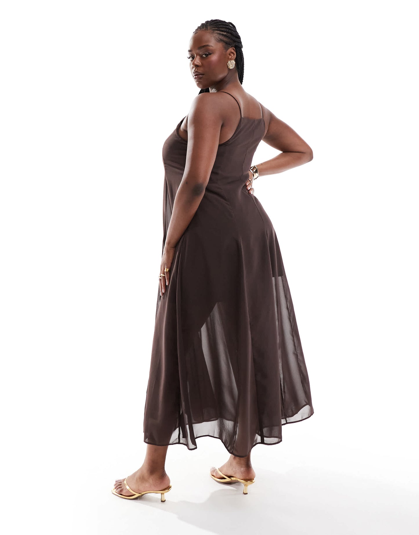 ASOS DESIGN Curve  square neck midi dress with godets in chocolate