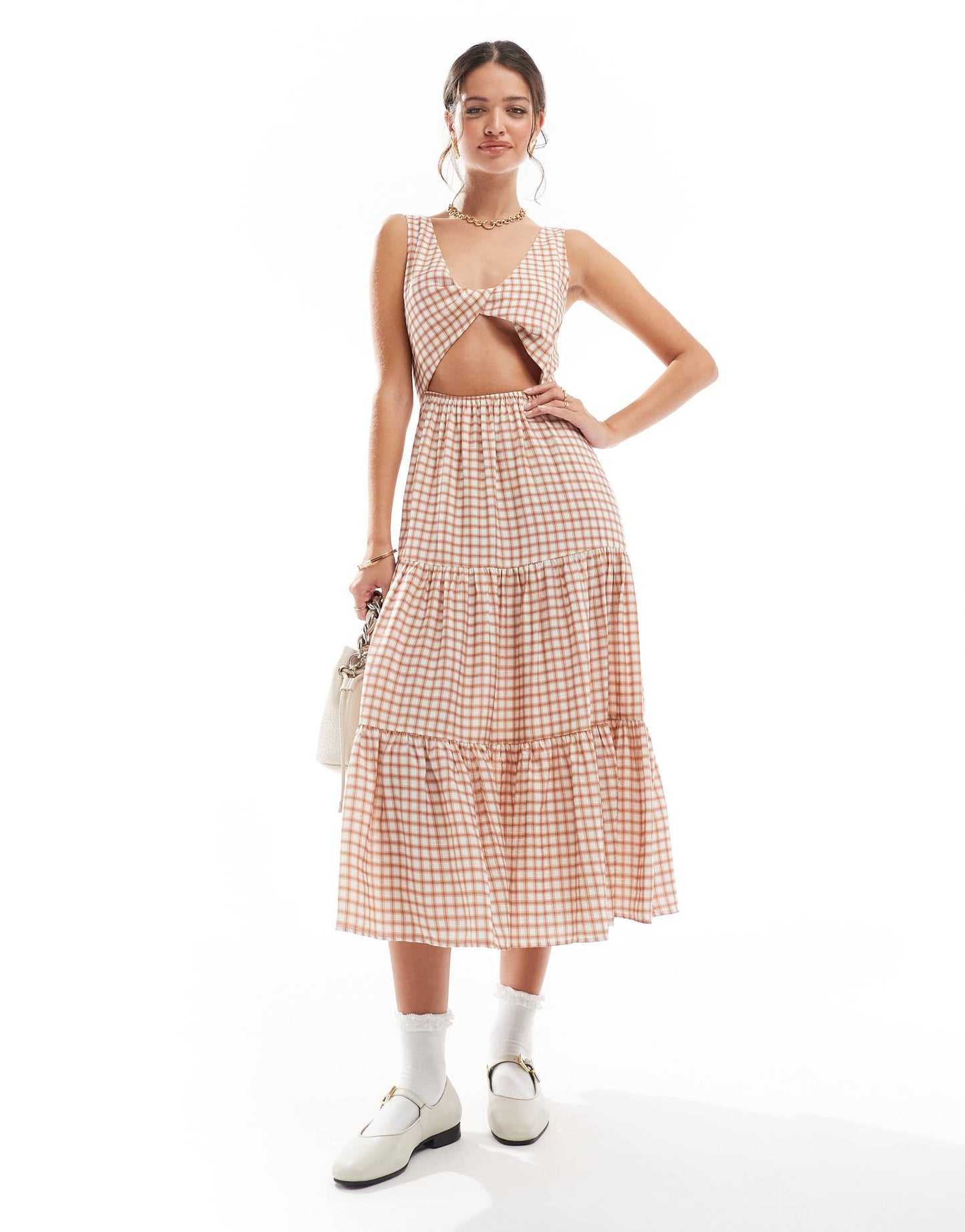ASOS DESIGN knot detail tiered midi dress in brown gingham