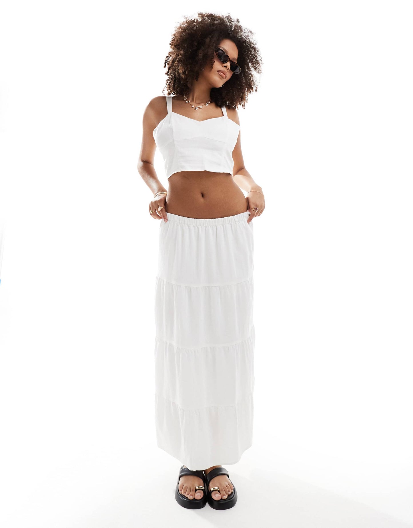 Hollister co-ord linen top with elastic side detailing in white