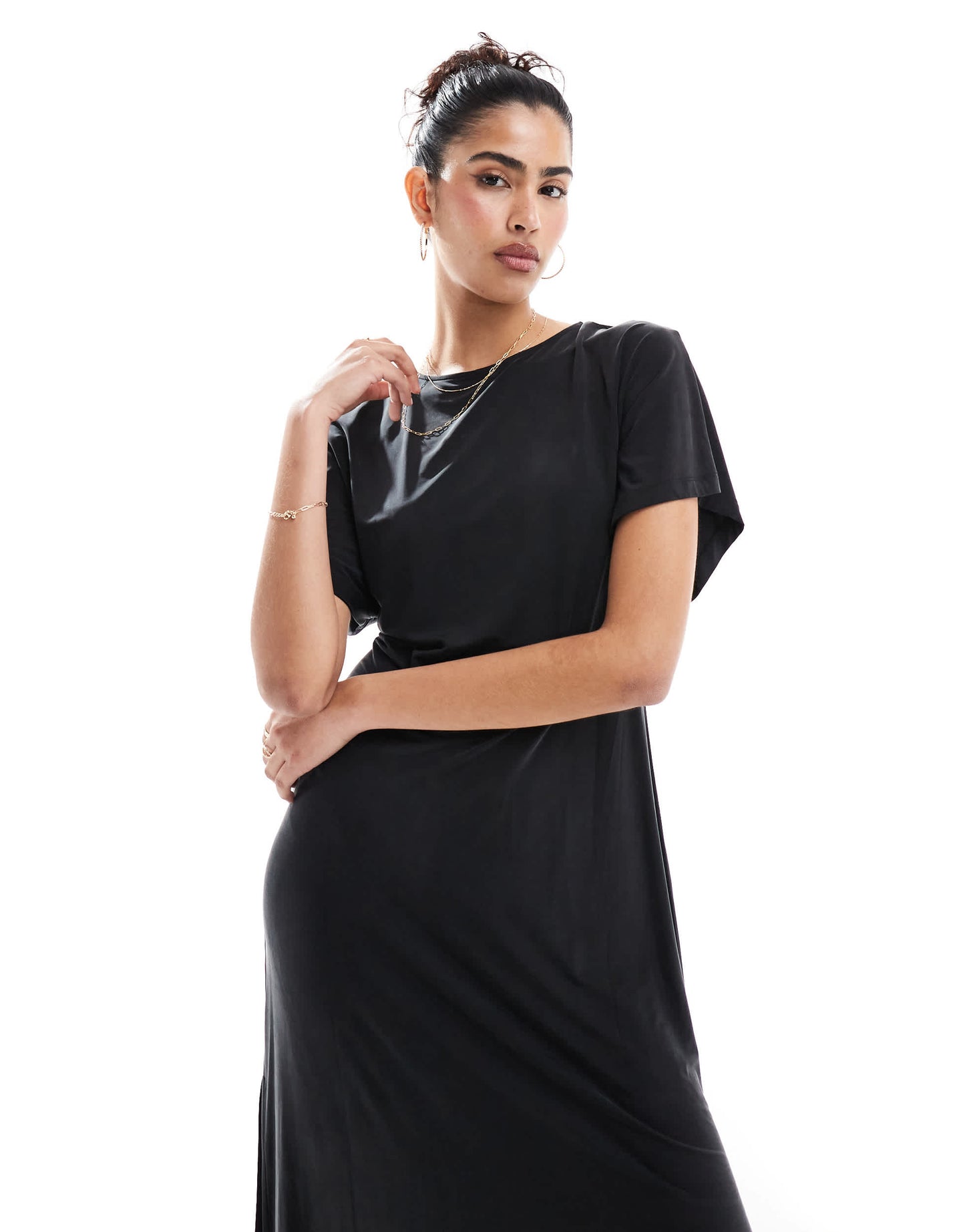 & Other Stories lux jersey midi dress with boat neck and thigh split in black