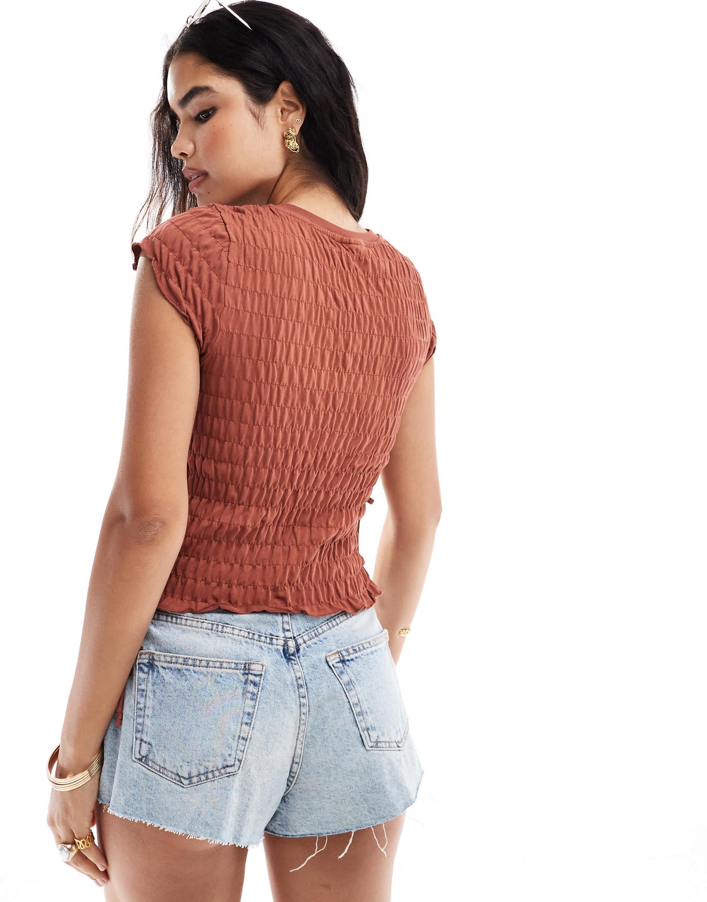 ASOS DESIGN textured short sleeve top with tie sides in rust