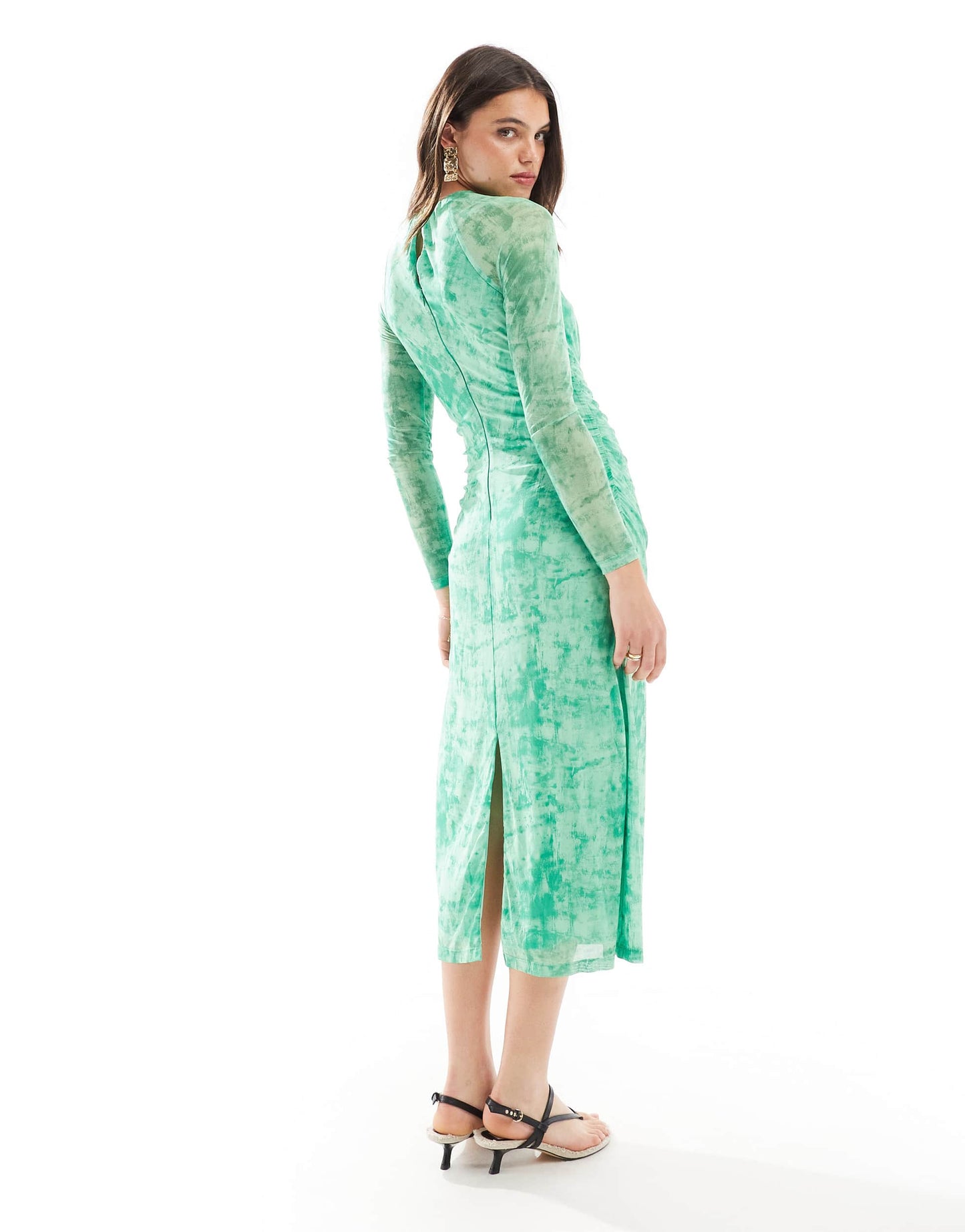 Whistles mesh midi dress in green print