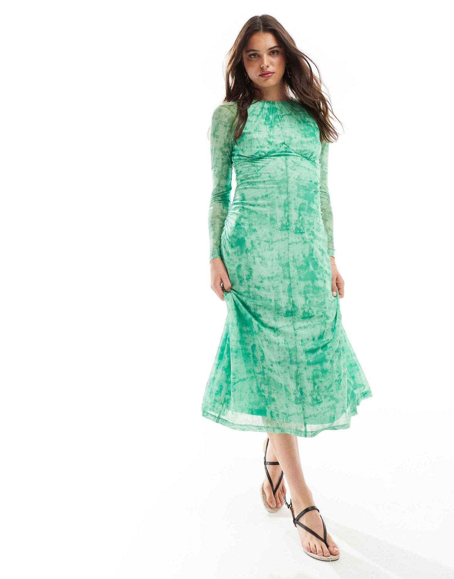 Whistles mesh midi dress in green print