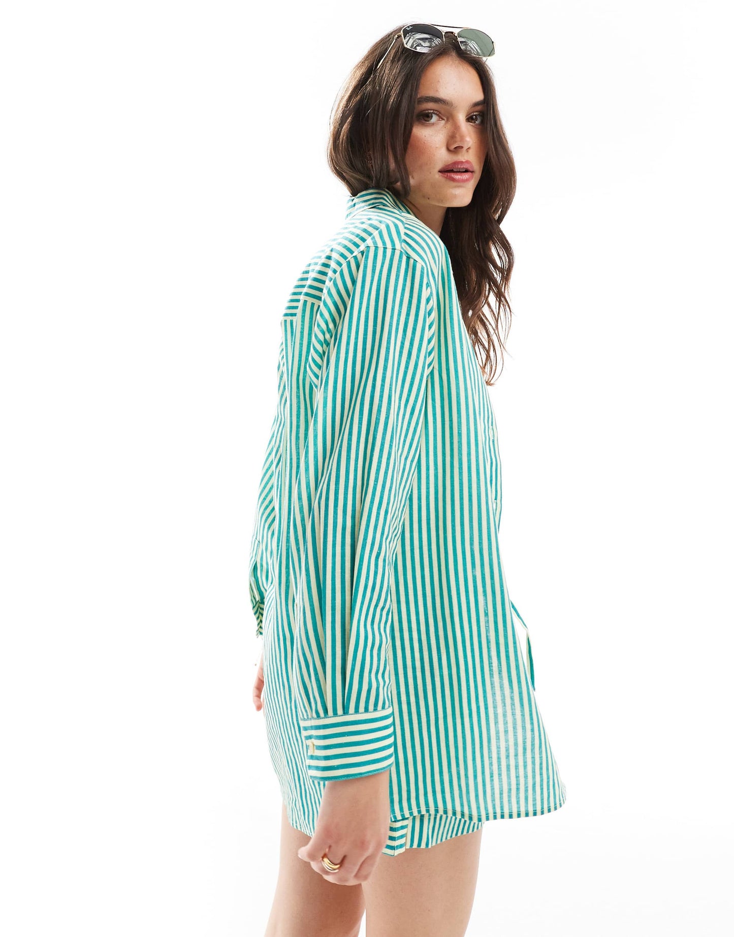 Whistles linen mix seaside stripe shirt in green co-ord