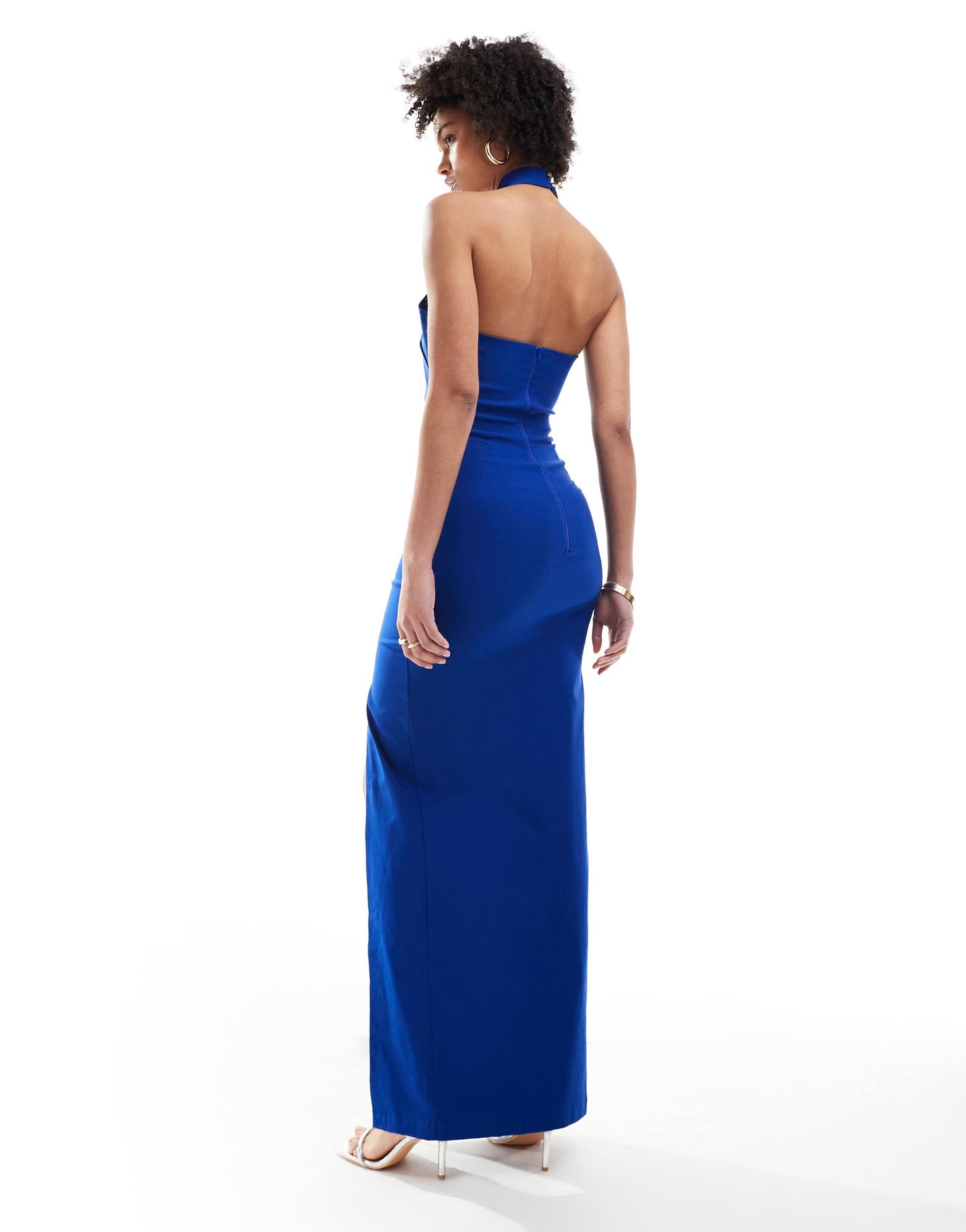 Vesper Tall bengaline halterneck keyhole detail thigh split maxi dress in cobalt