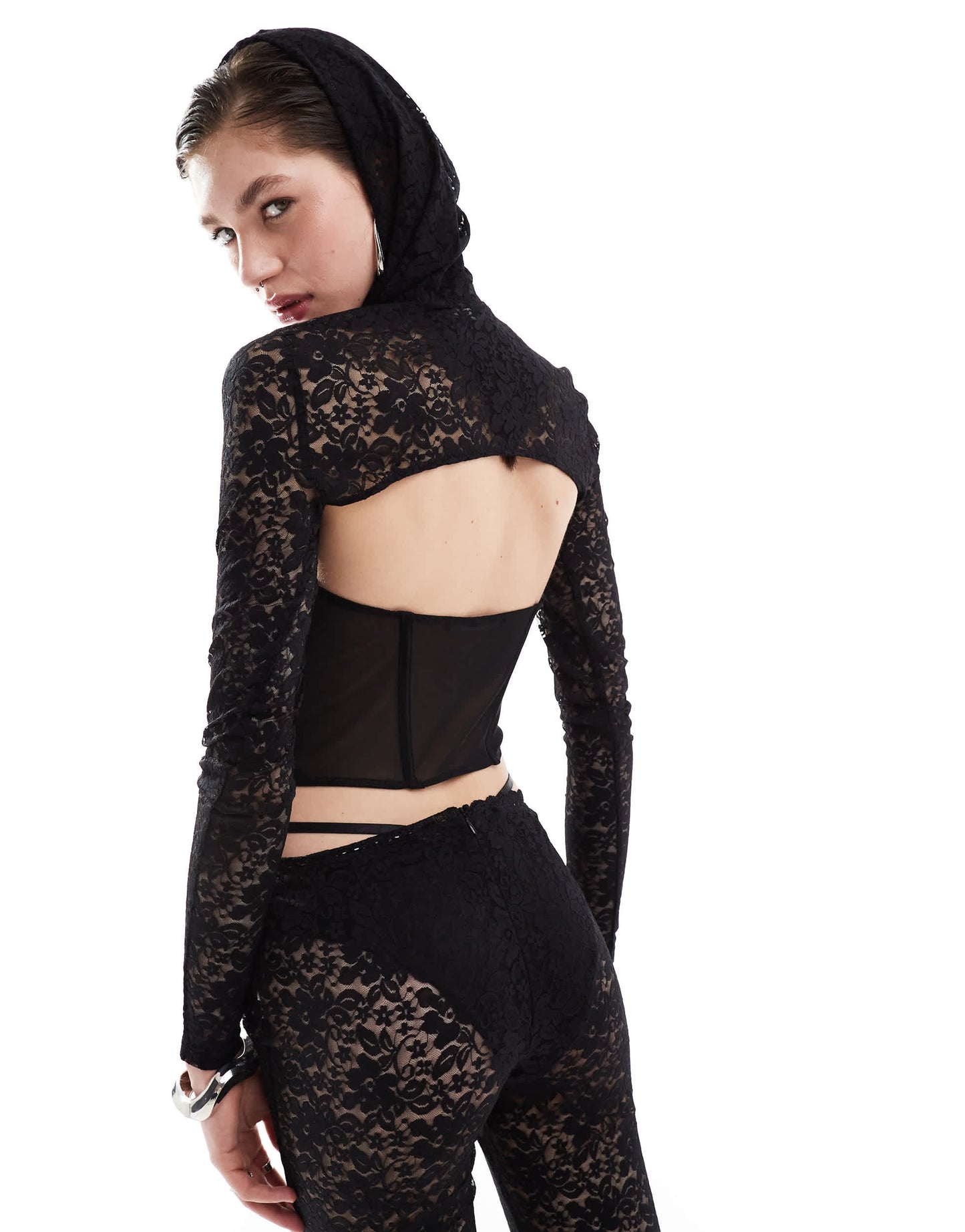 The Kript cut out lace corset with sleeves and hood co-ord