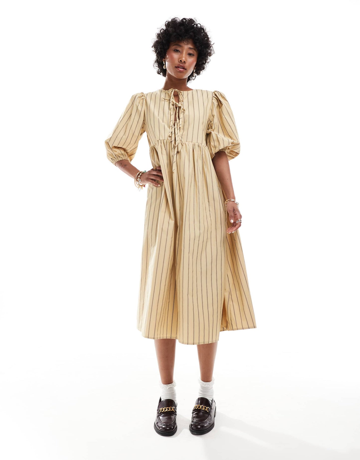 Glamorous smock midi dress with bow front in beige brown stripe