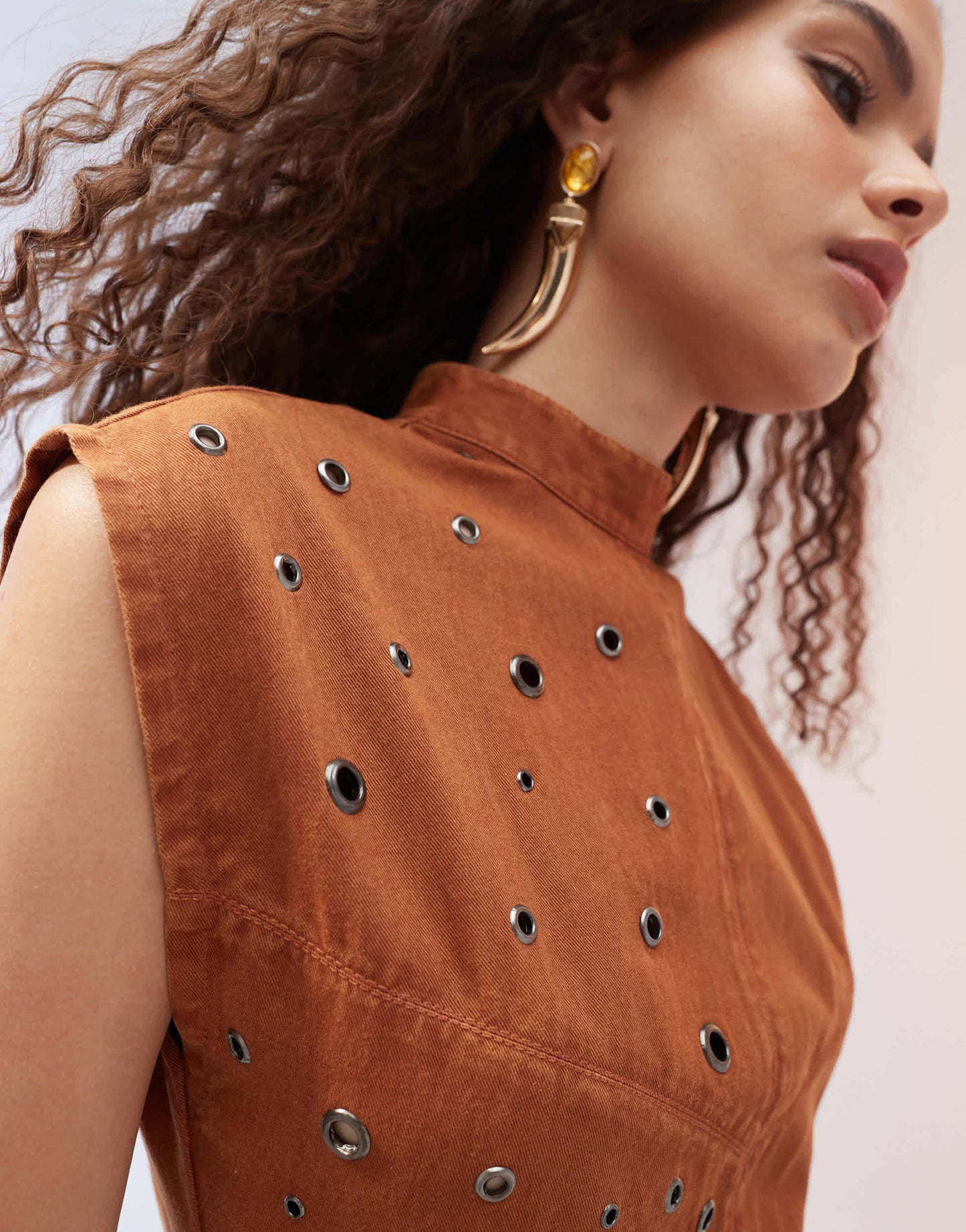 ASOS DESIGN acid wash twill eyelet detail mini dress in tan