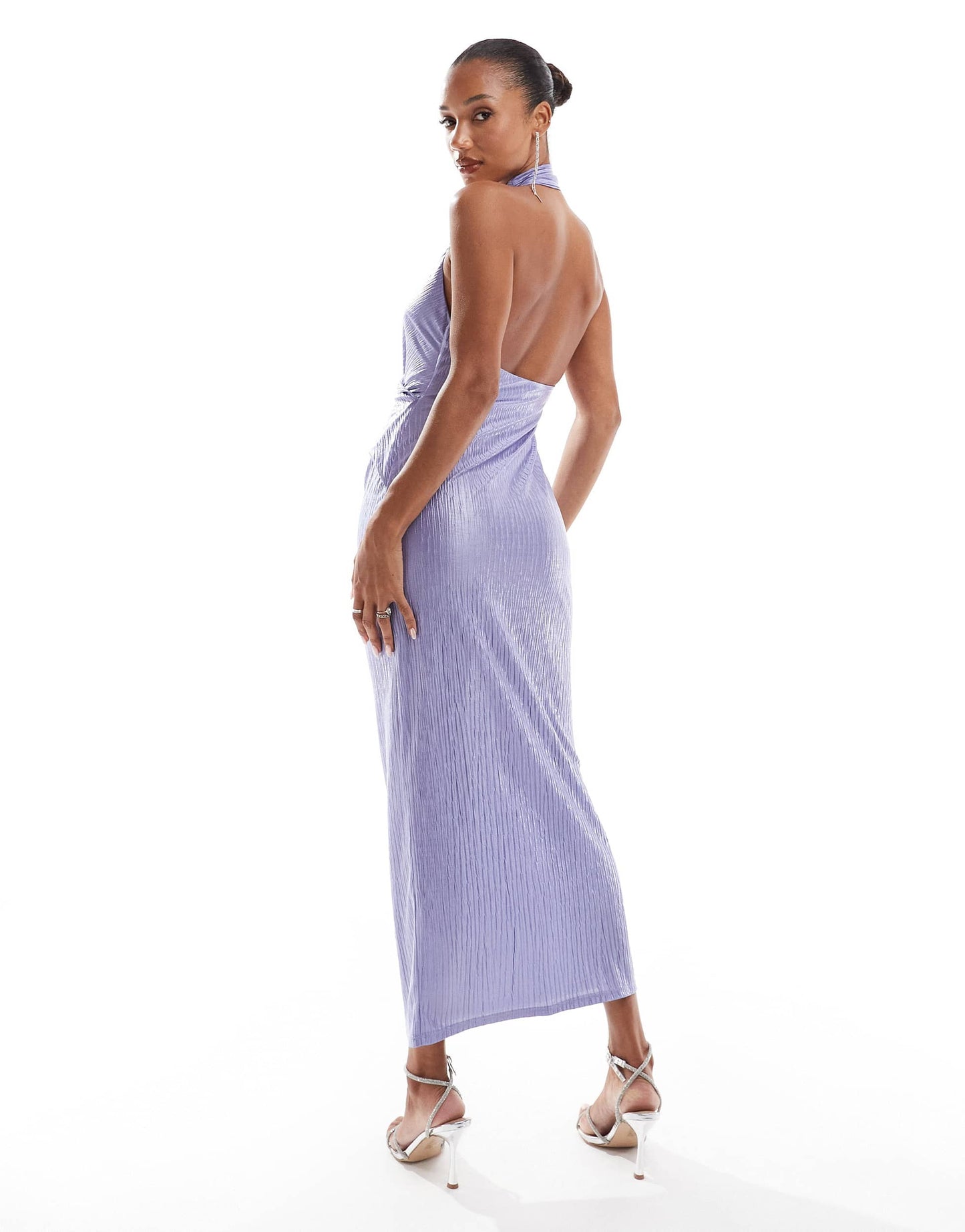 ASOS DESIGN metallic plisse halter midi dress in lilac