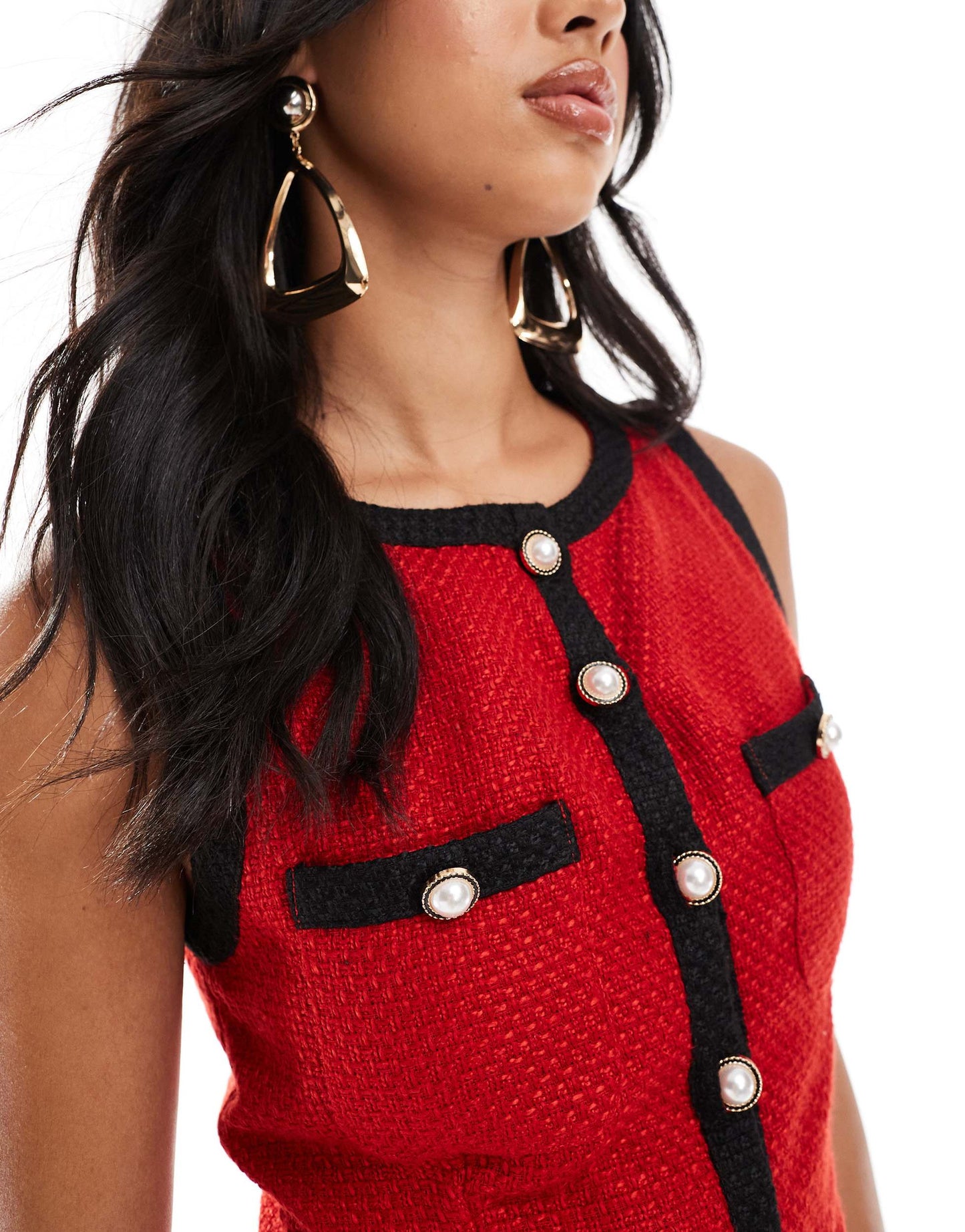 Kaiia sleeveless boucle contrast detail pearl button mini dress in red