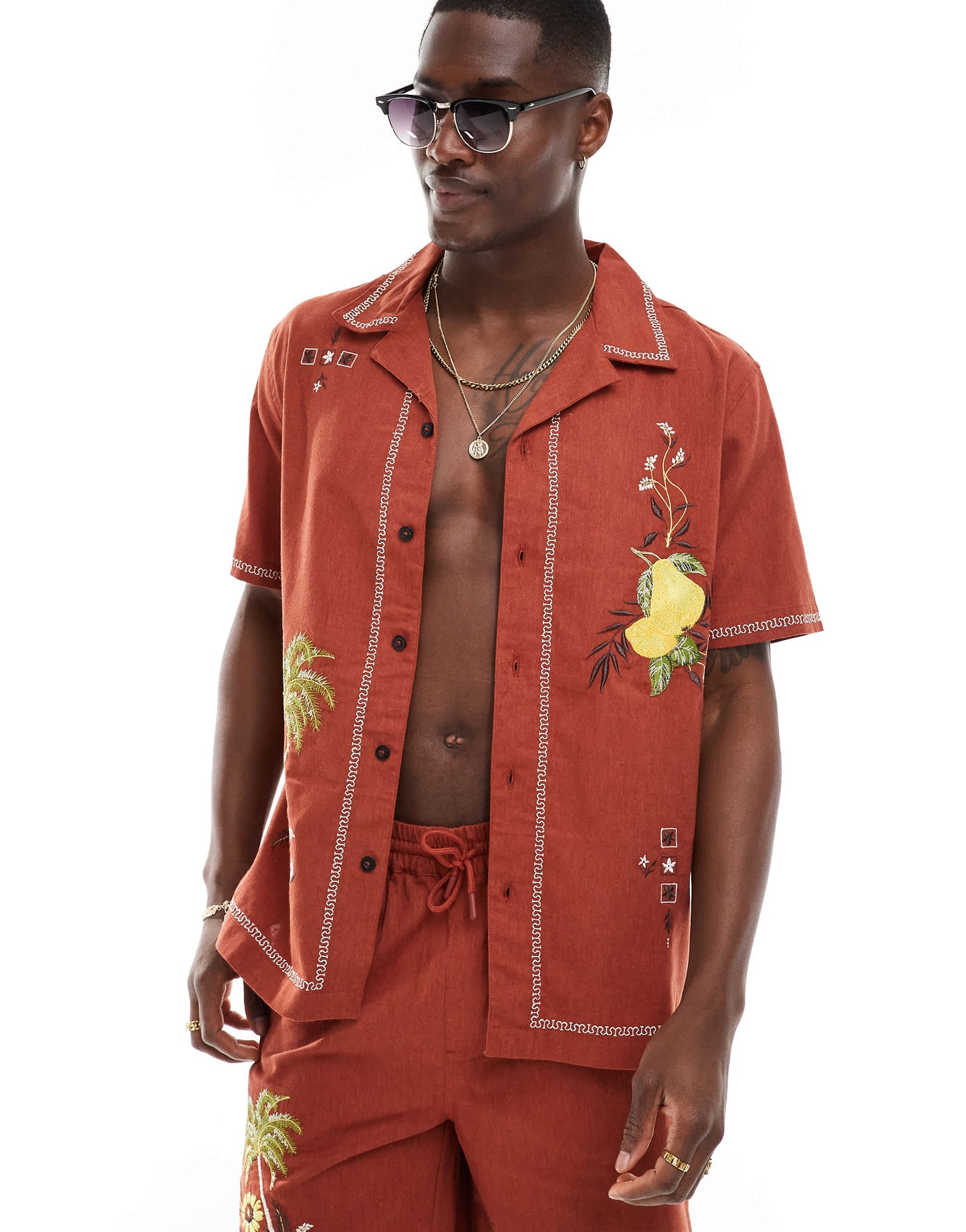 River Island embroidered shirt co-ord in rust
