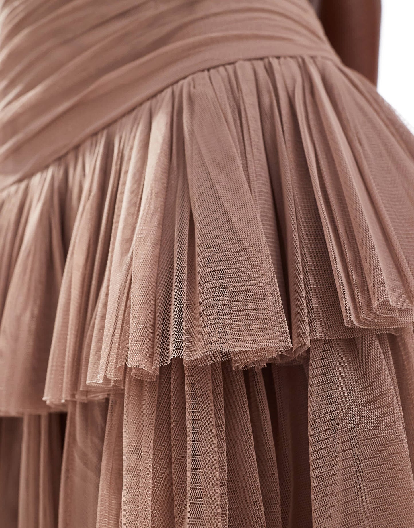 Lace & Beads ruched bow shoulder tulle mini dress in rose brown