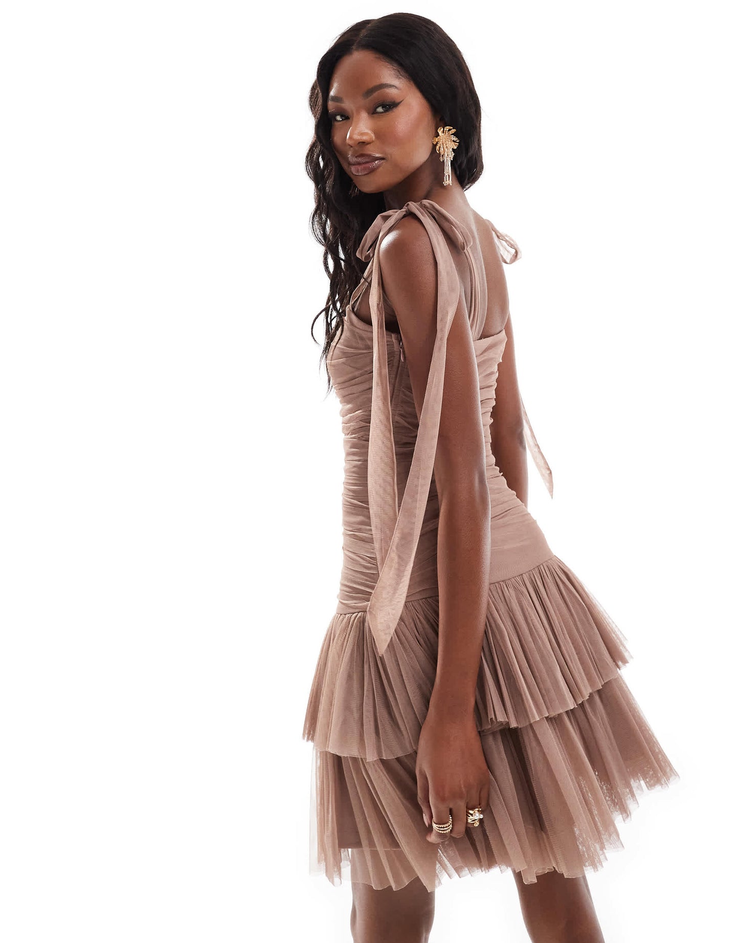 Lace & Beads ruched bow shoulder tulle mini dress in rose brown