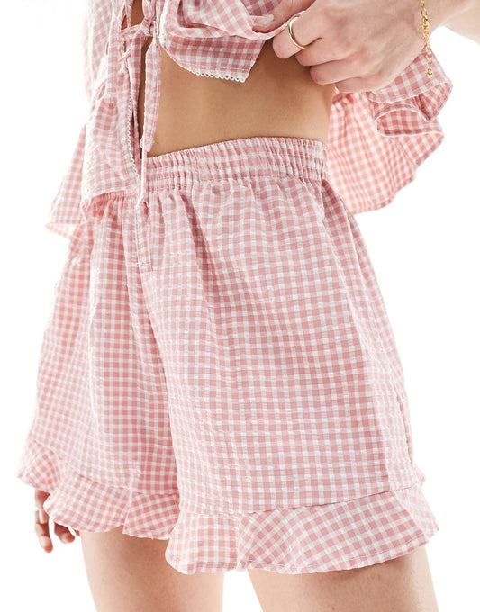 Miss Selfridge gingham frill short co-ord in pink gingham