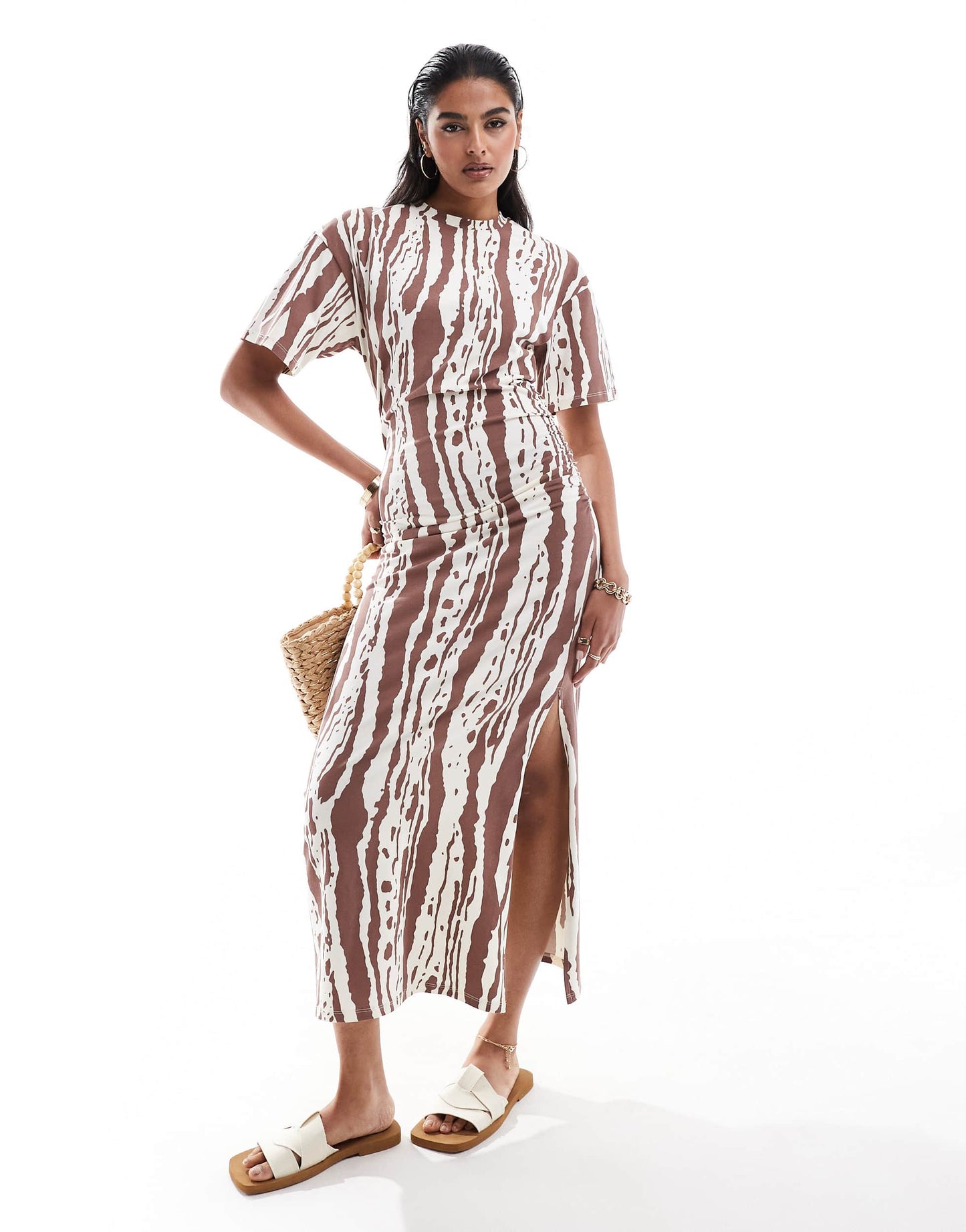ASOS DESIGN crew neck midi t shirt dress with ruched side in animal print